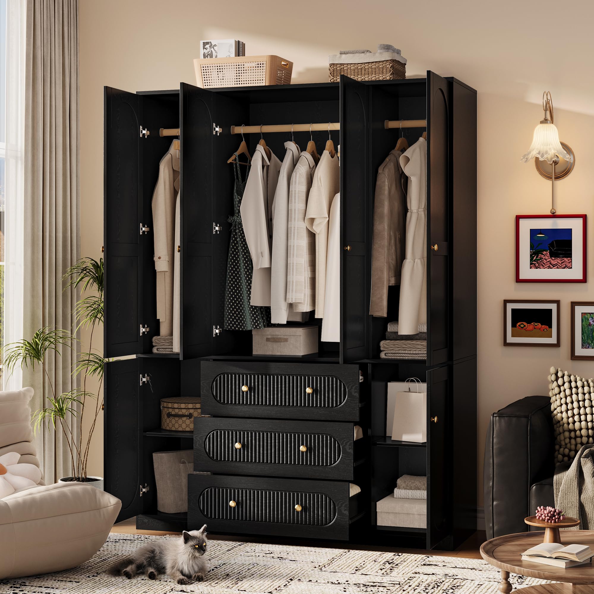 TOKSOM 4 Doors Freestanding Armoire Wardrobe Closet, 72" Black Wardrobe Armoire Wooden Closet Large Capacity Storage with 3 Drawers & 3 Hanging Rod Shelves Clothes Organizer