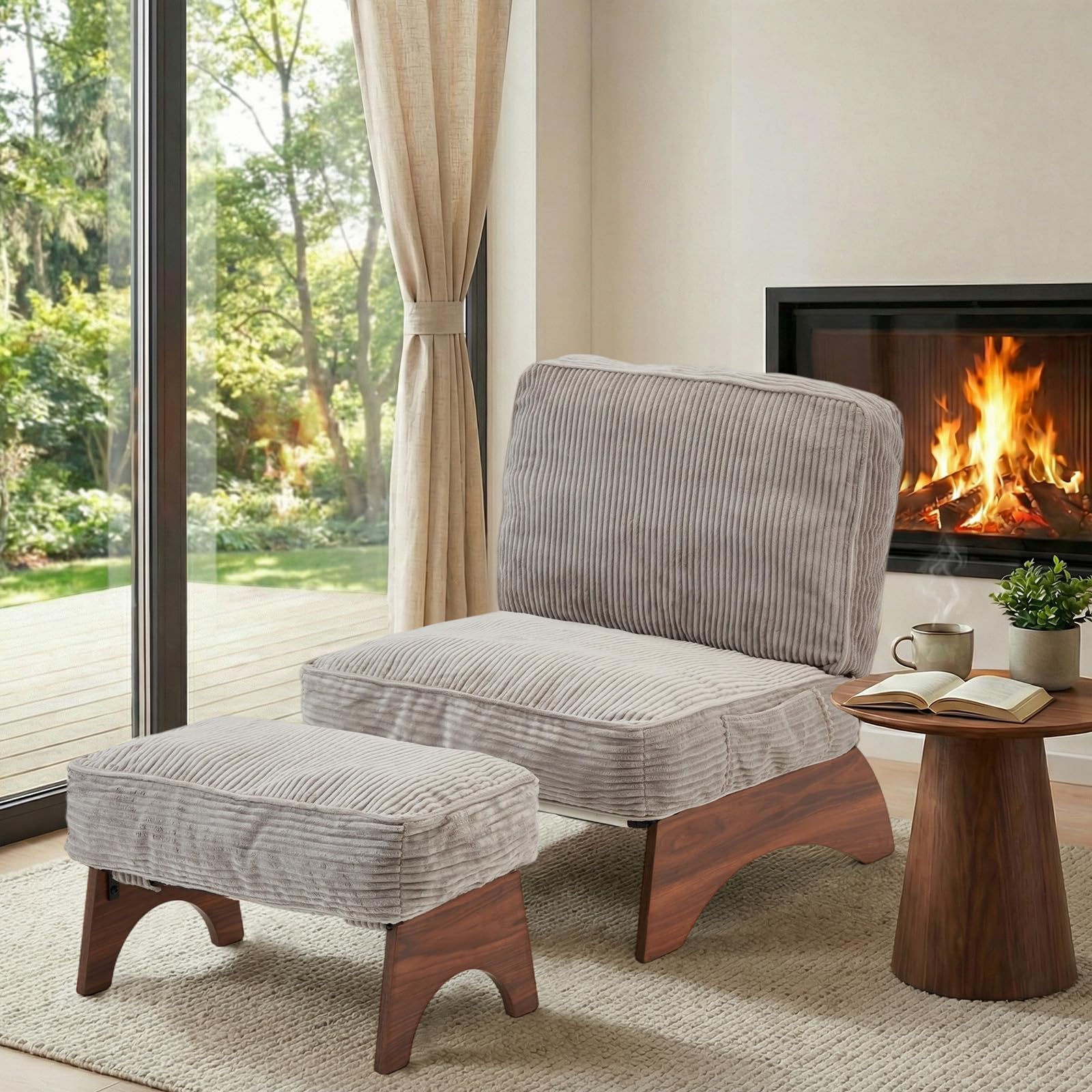 Corduroy Accent Chair with Ottoman & Adjustable Backrest