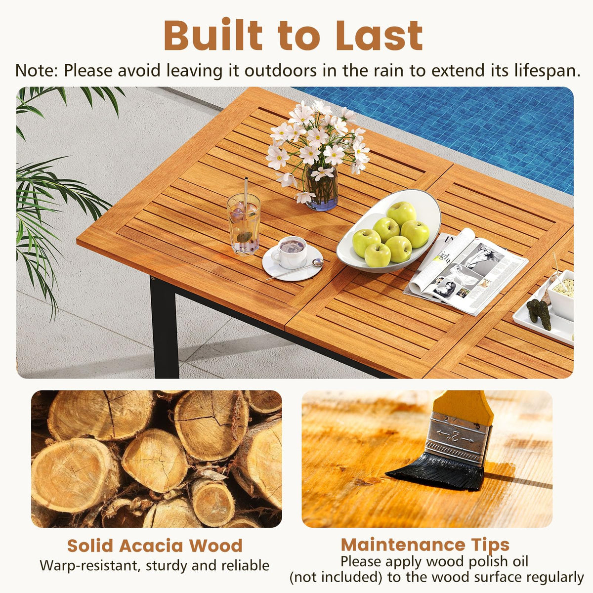 Tangkula 7 Piece Acacia Wood Outdoor Dining Set with 6 Stackable Armchairs