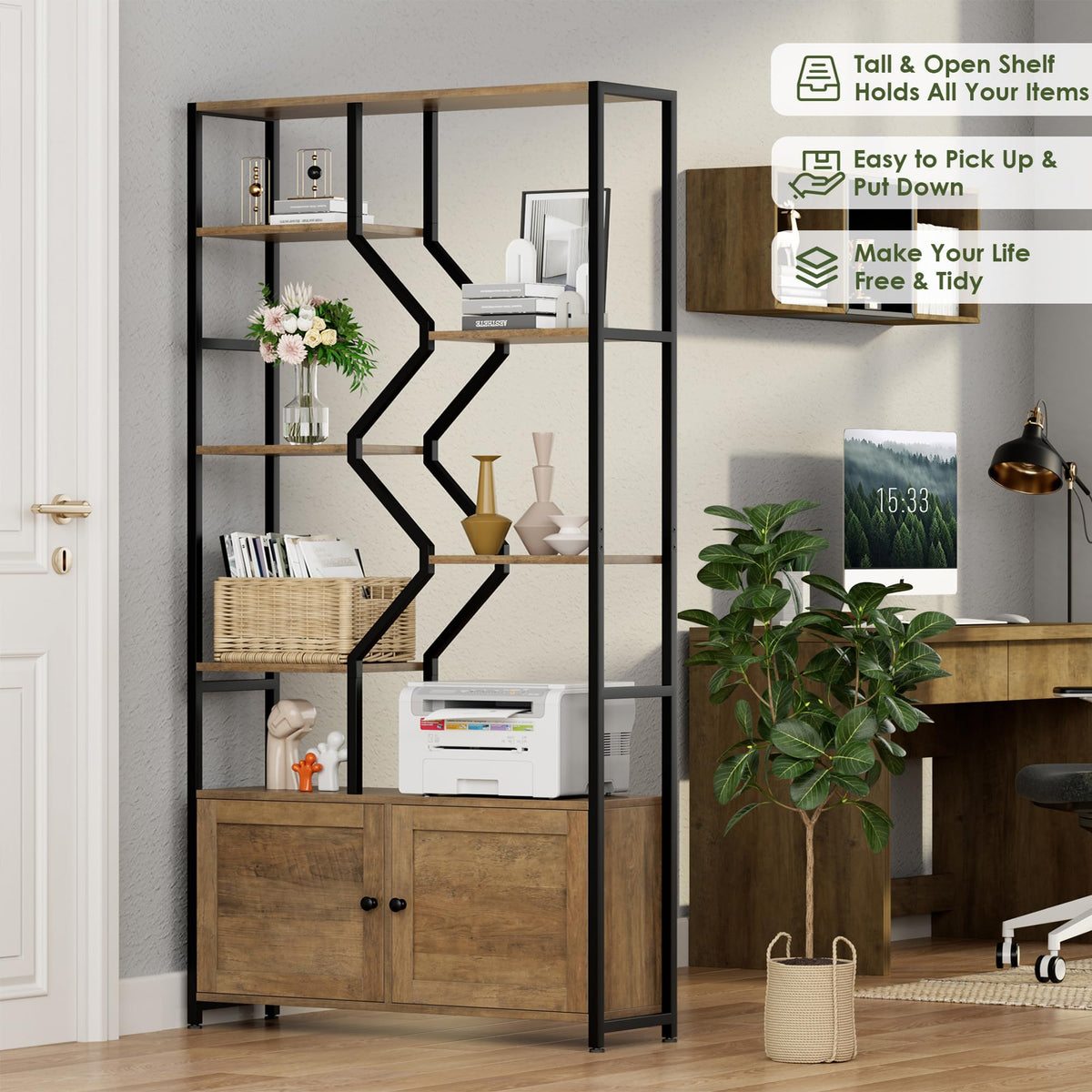 6-Tier Industrial Bookcase with Cabinets