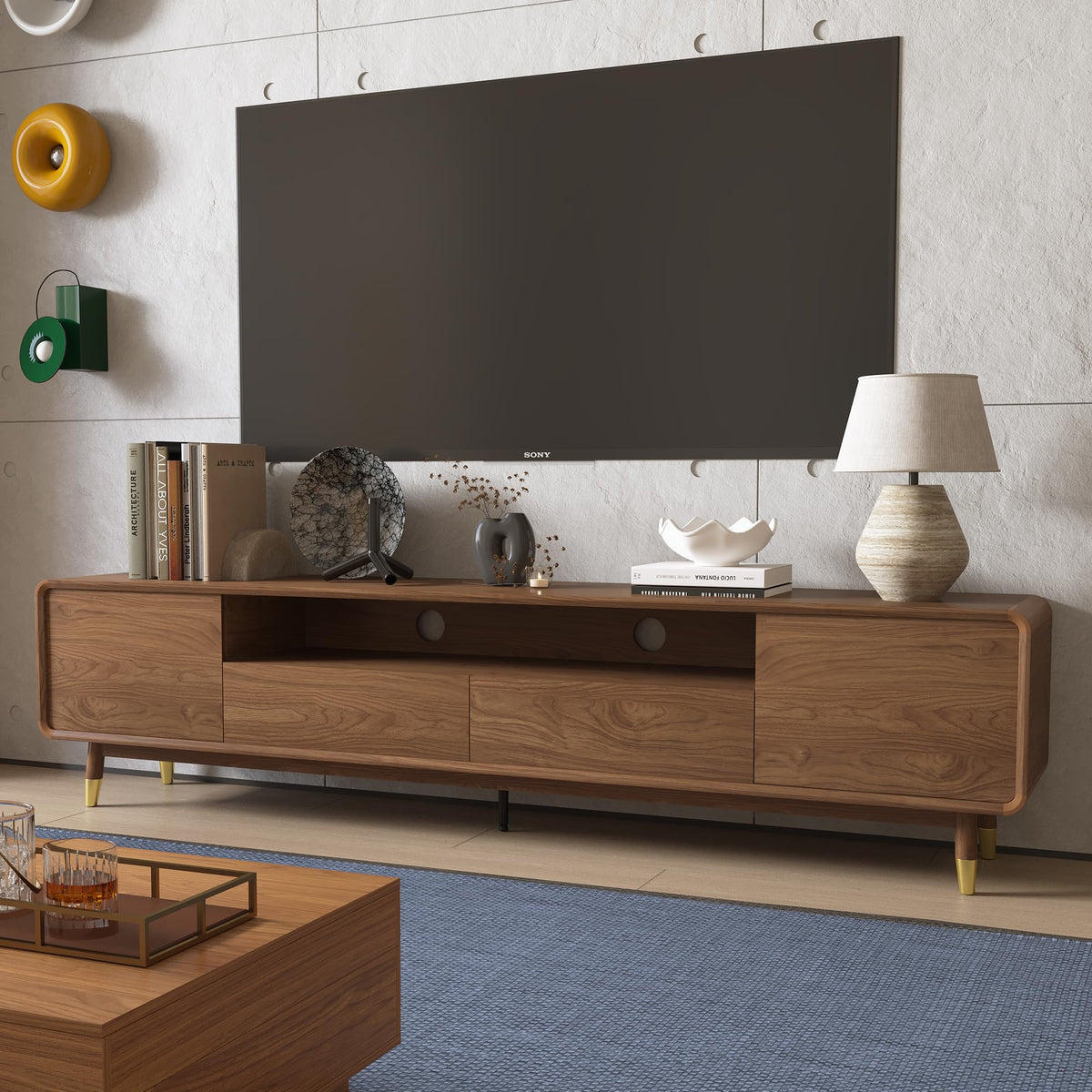 86.61" TV Stand for 85" TV, Media Console with Storage Drawers, Walnut