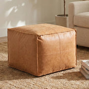 SIMPLIHOME Brody Square Pouf - 18" Wide x 14" High Upholstered Vegan Leather Ottoman in Distressed Brown, Boho Footstool, Coffee Table or Extra Seating for Living Room or Bedroom, Assembled