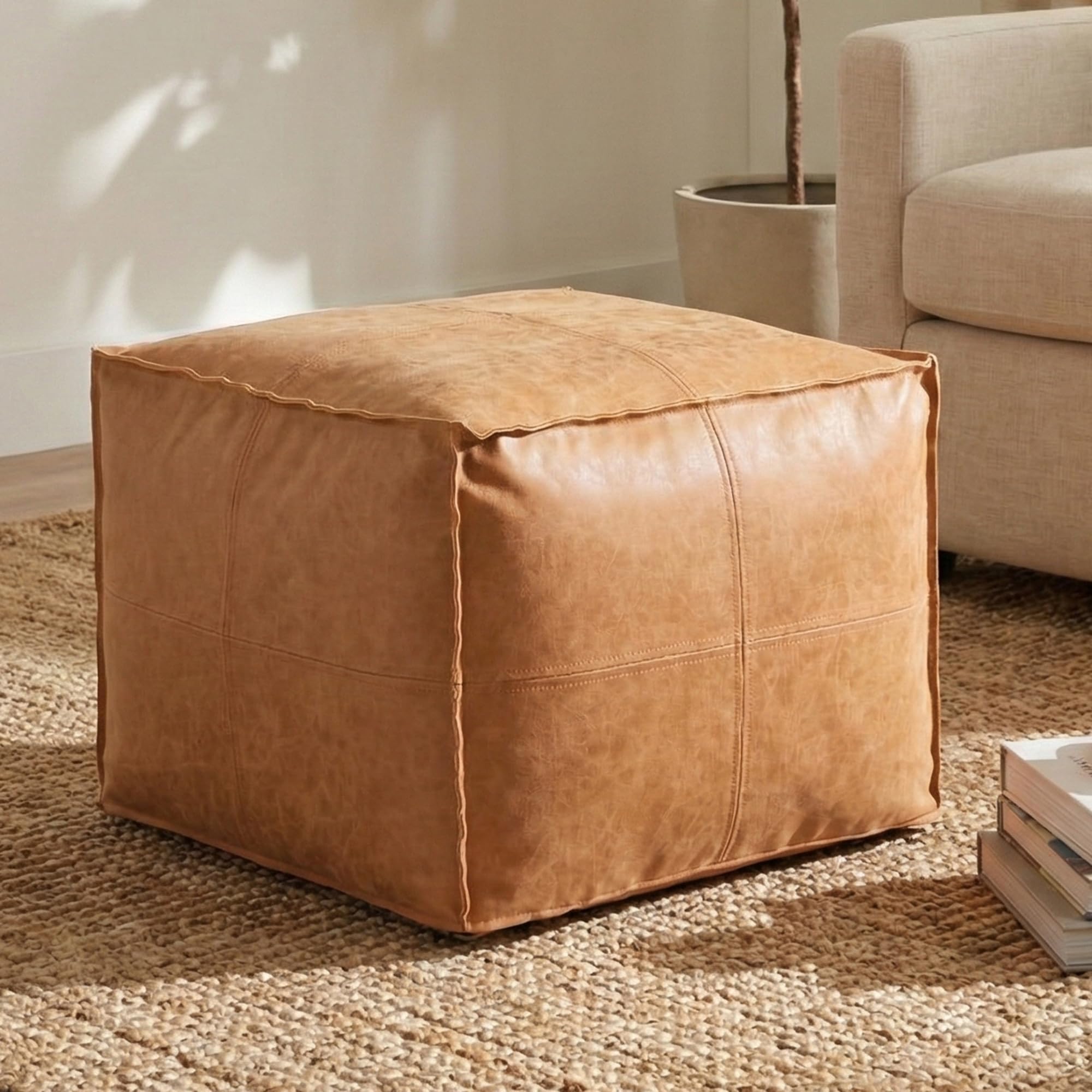 SIMPLIHOME Brody Square Pouf - 18" Wide x 14" High Upholstered Vegan Leather Ottoman in Distressed Brown, Boho Footstool, Coffee Table or Extra Seating for Living Room or Bedroom, Assembled