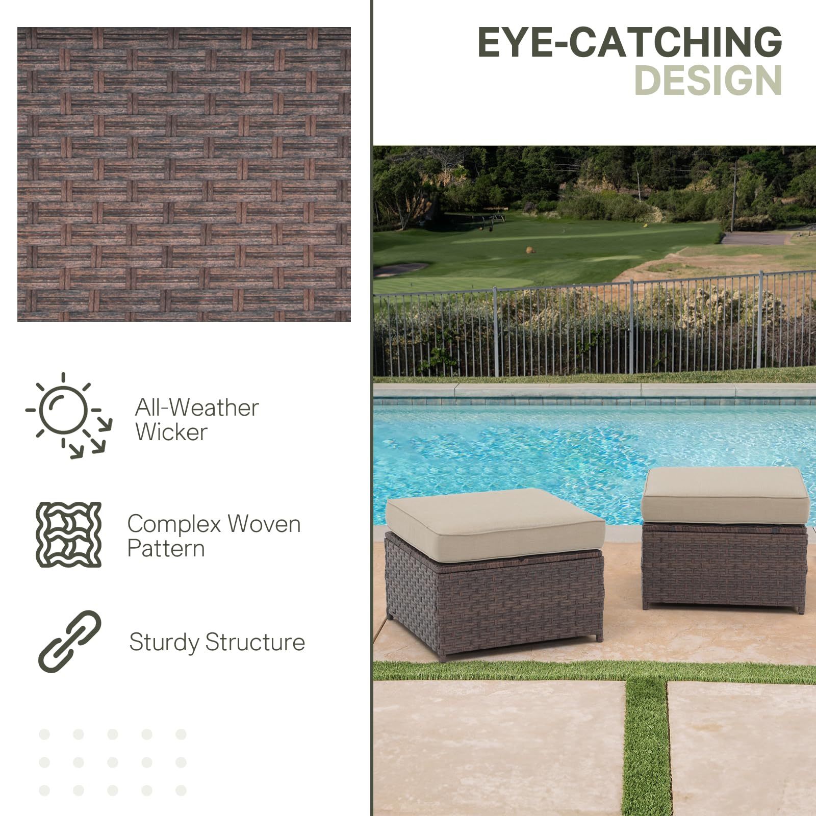 Outdoor Wicker Ottoman Set of 2 with Cushions