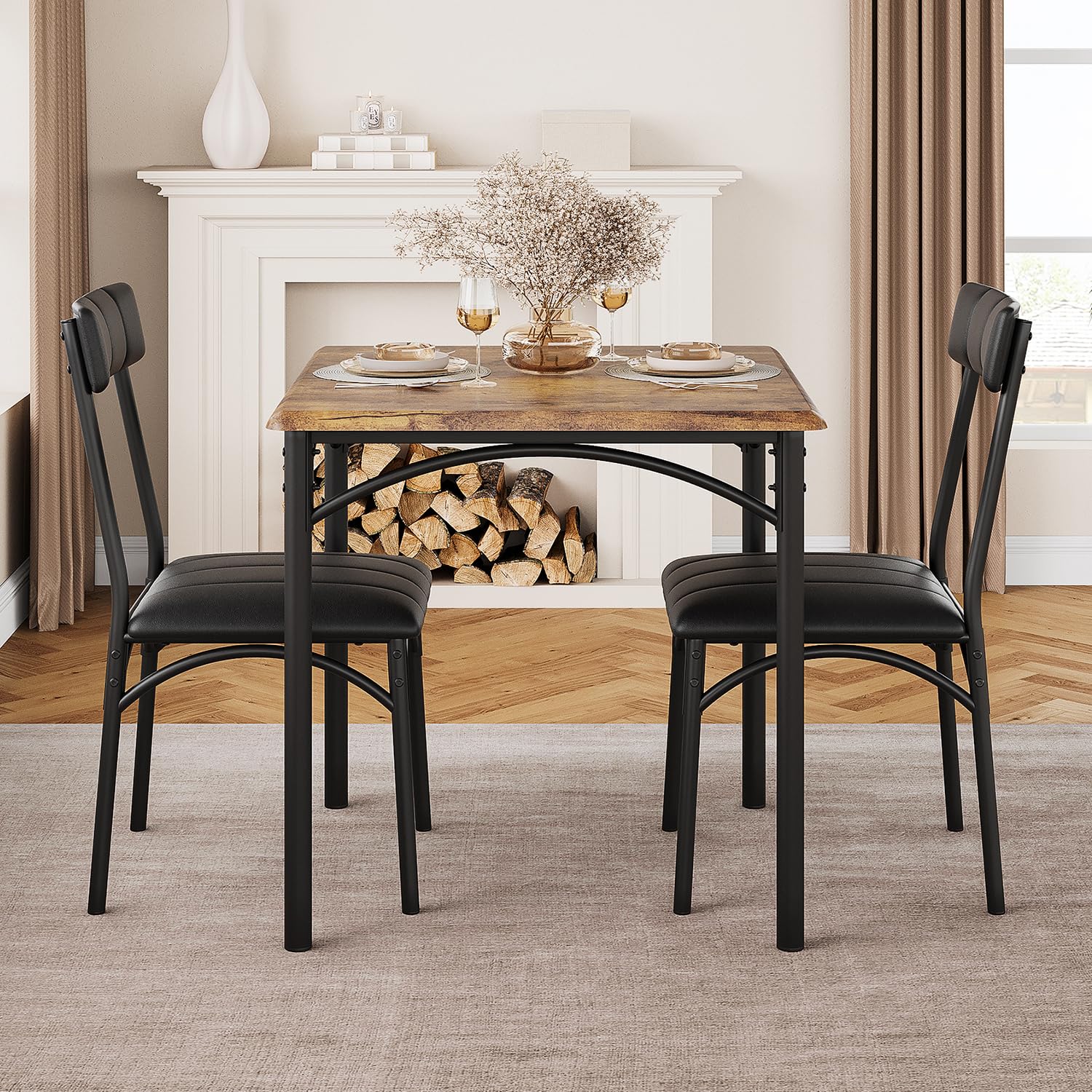SLEKVERSA 3-Piece Dining Table Set for 2, Kitchen Table Set with 2 Upholstered Chairs, Square Dining Table Set for Apartment, Studio, Small Space, Brown