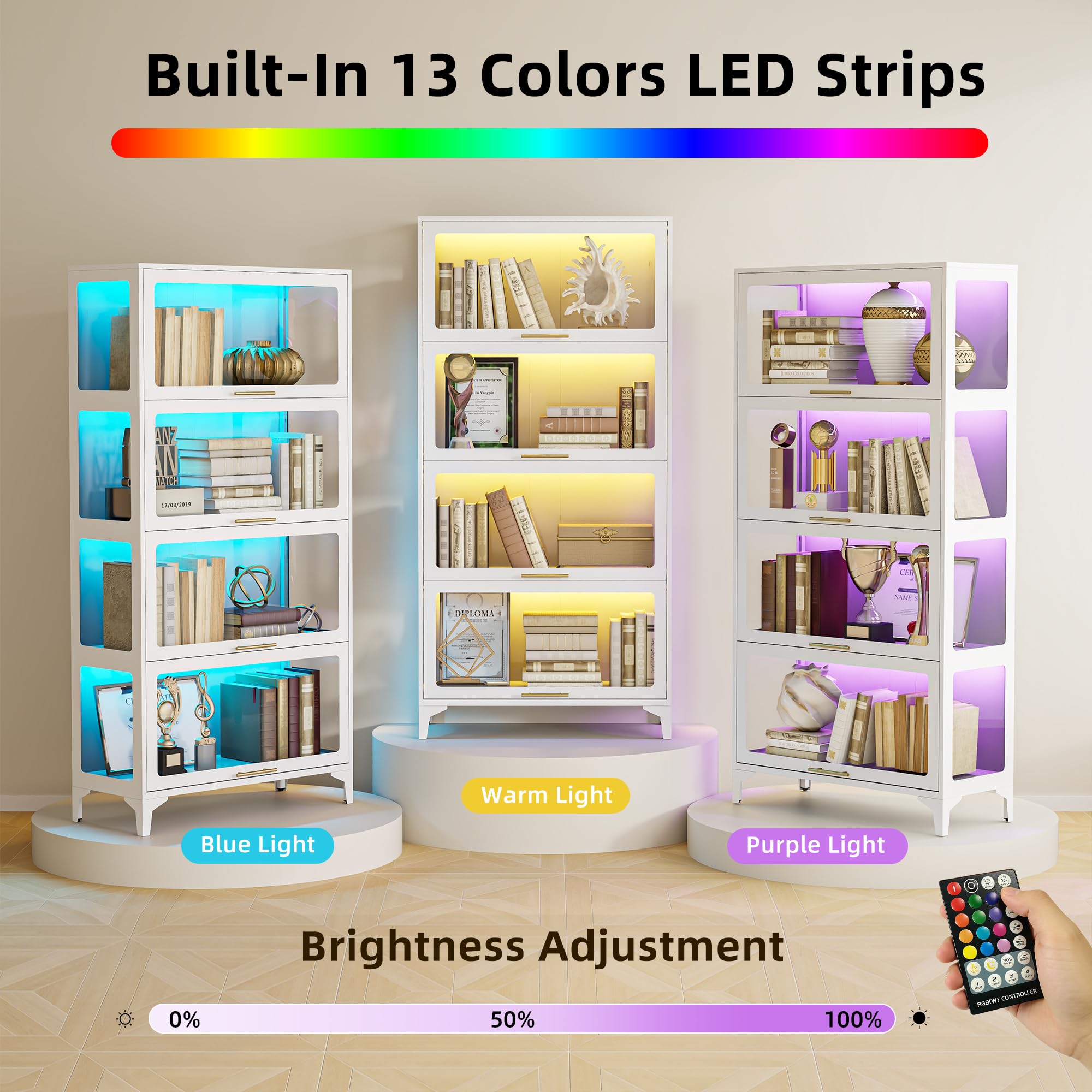 NadooLite 4-Tier LED Lighted Display Cabinet with Glass Doors, Curio Storage Cabinet for Collectibles, Glass Display Case, Modern Tall Showcase Cabinet for Living Room, Home Office and Study, White