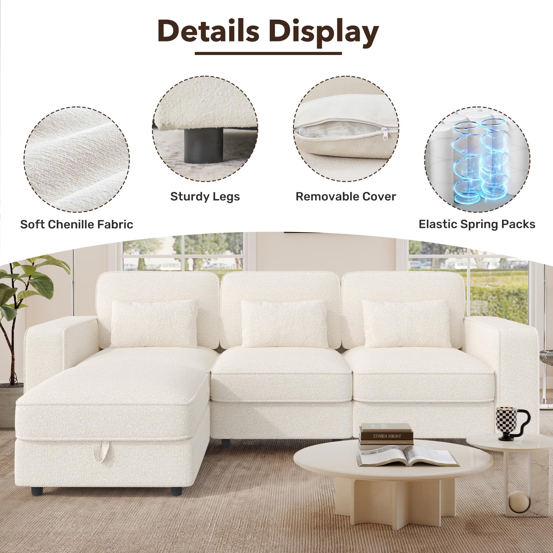 102" L Shaped Modular Sectional Sofa, Oversized 3-Seater Convertible Cloud Couch, Modern Chenille Sectional Couches for Living Room, Cream White 1 PCS