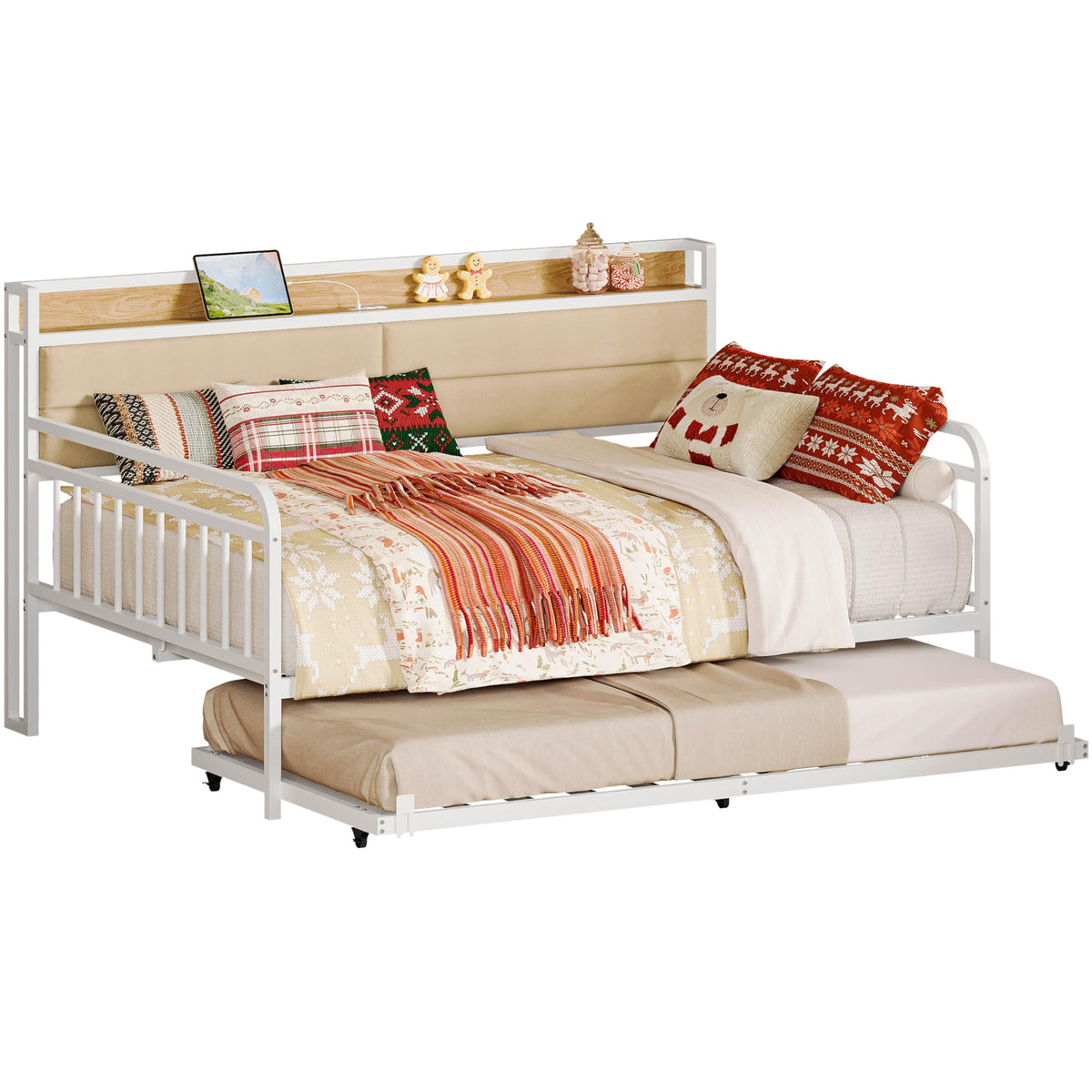 LIKIMIO Daybed with Trundle, Full Size Bed Frame, White