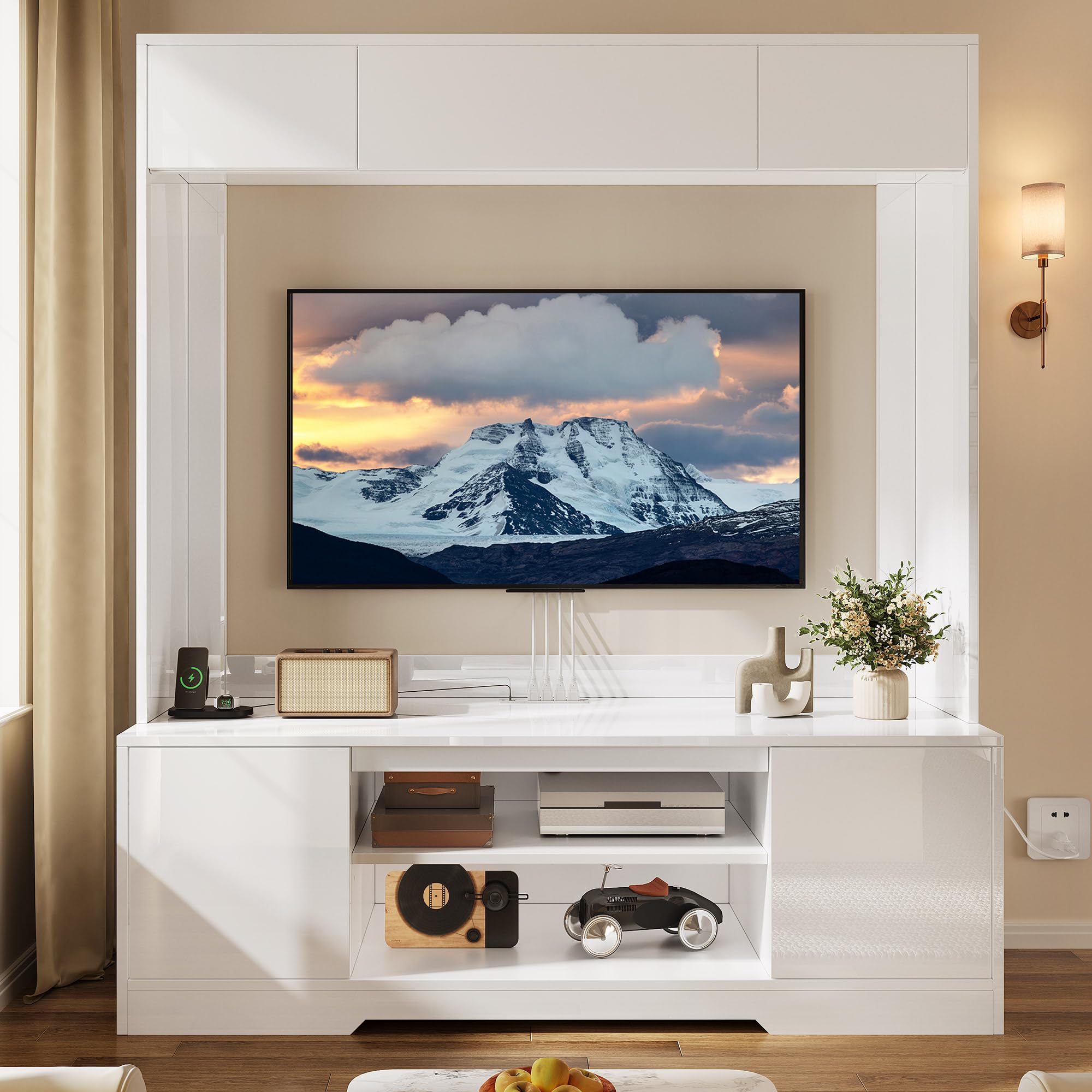 YITAHOME Wall Unit Entertainment Center for 65 Inch TV, Tall TV Stand with Power Outlets & Storage Cabinet, High Modern Media Console Table for Living Room, White