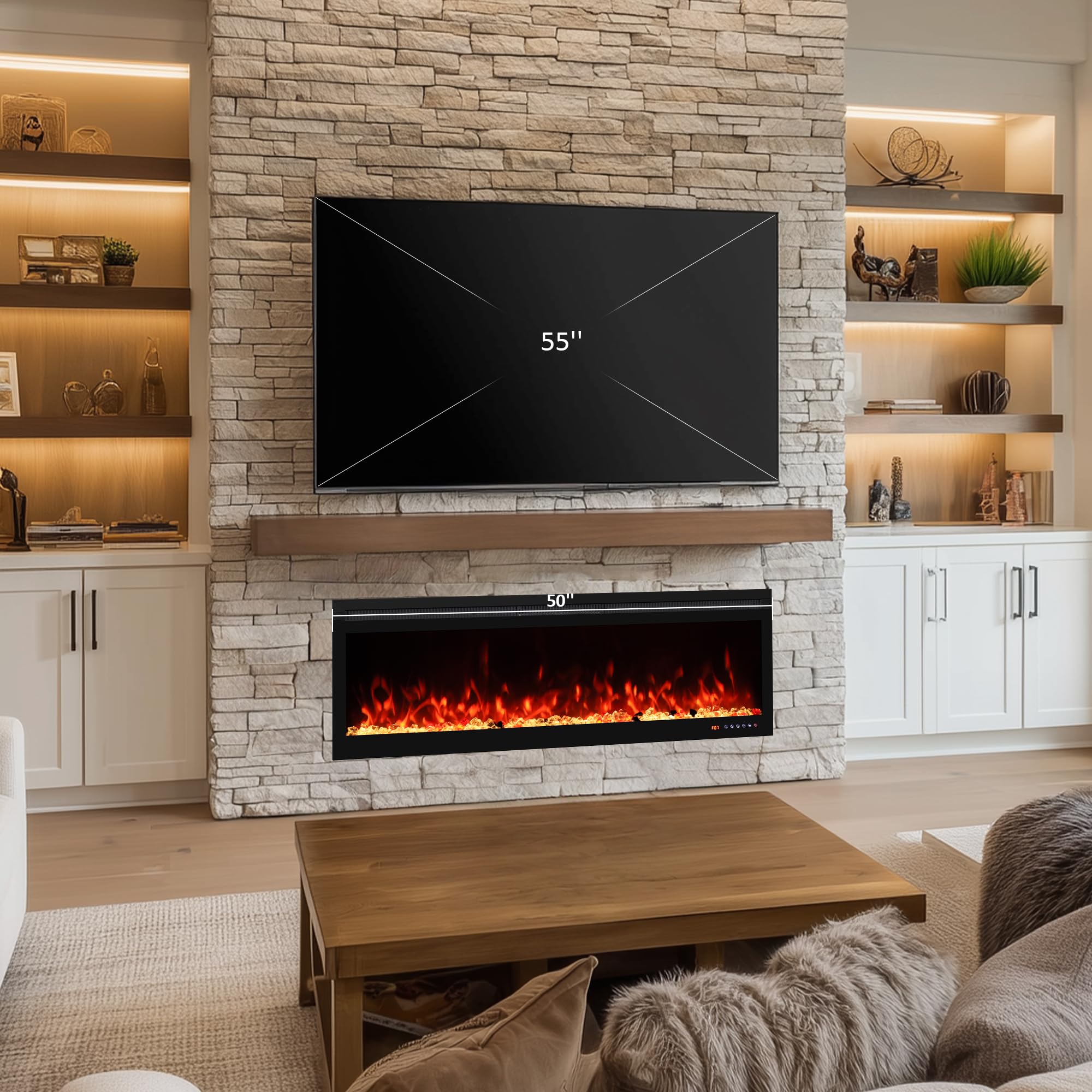 Oxhark Flame 50 Inch Smart Electric Fireplace Insert with Heater, Recessed or Wall Mounted, Remote and App Control, 9H Timer, Adjustable Realistic Flame Effects, 1500W Heater