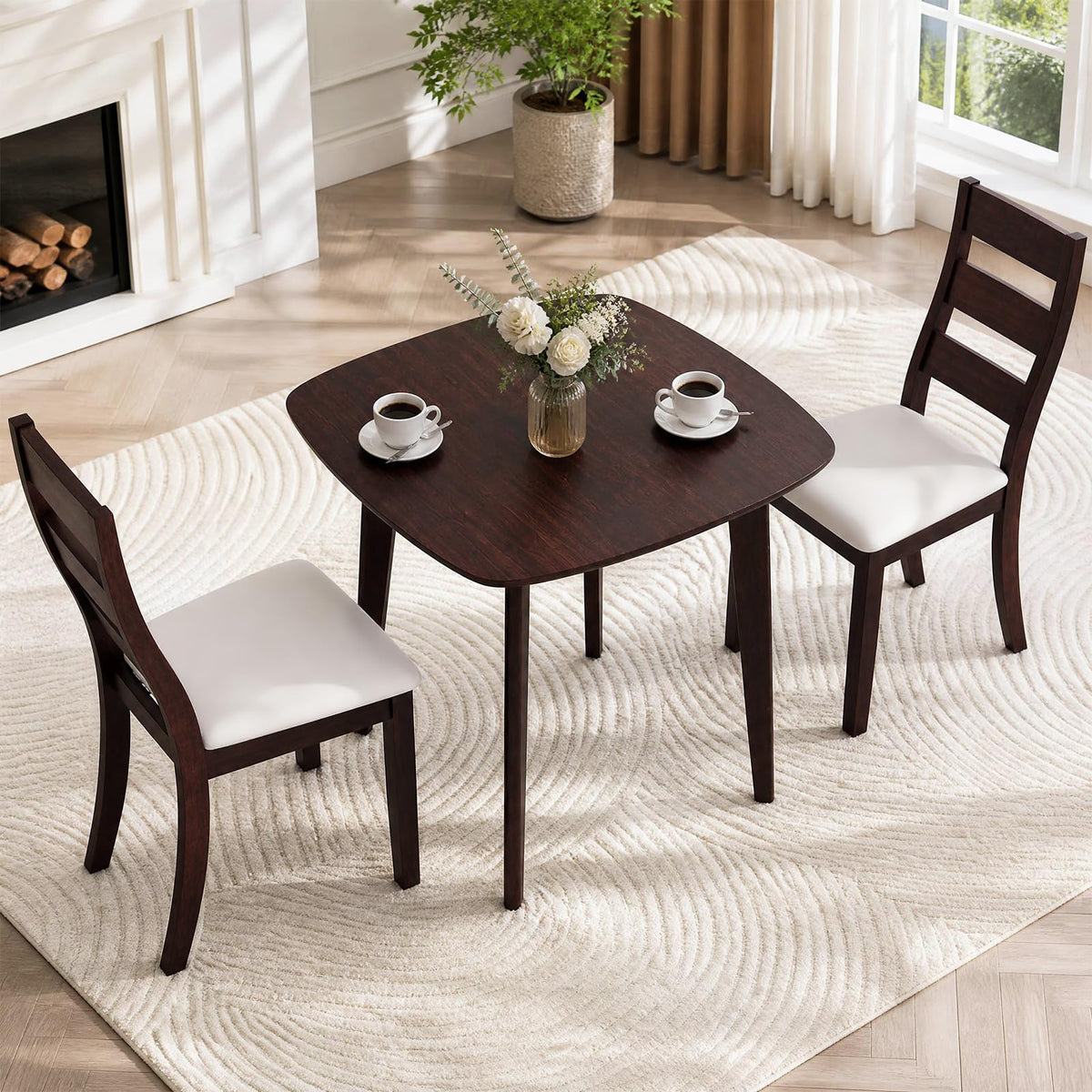 GIANTEX Small Dining Table Set for 2, Wood Square Kitchen Table and 2 Dinner Chairs with Upholstered Seat & Curved Backrest, Space-Saving Dinette Set for Small Space, Living Room, Dining Room