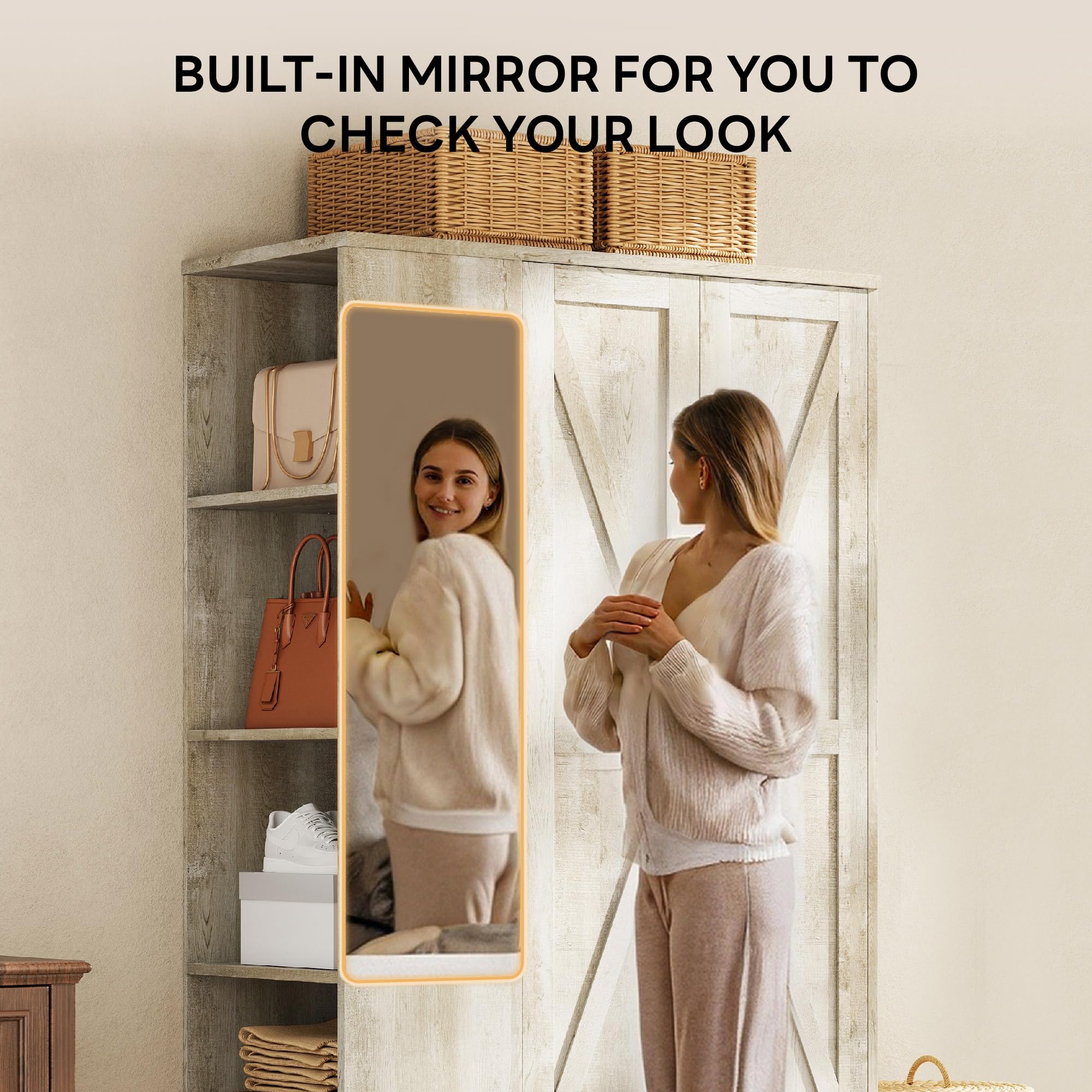 Wardrobe Closet with Mirror, Doors & Shelves