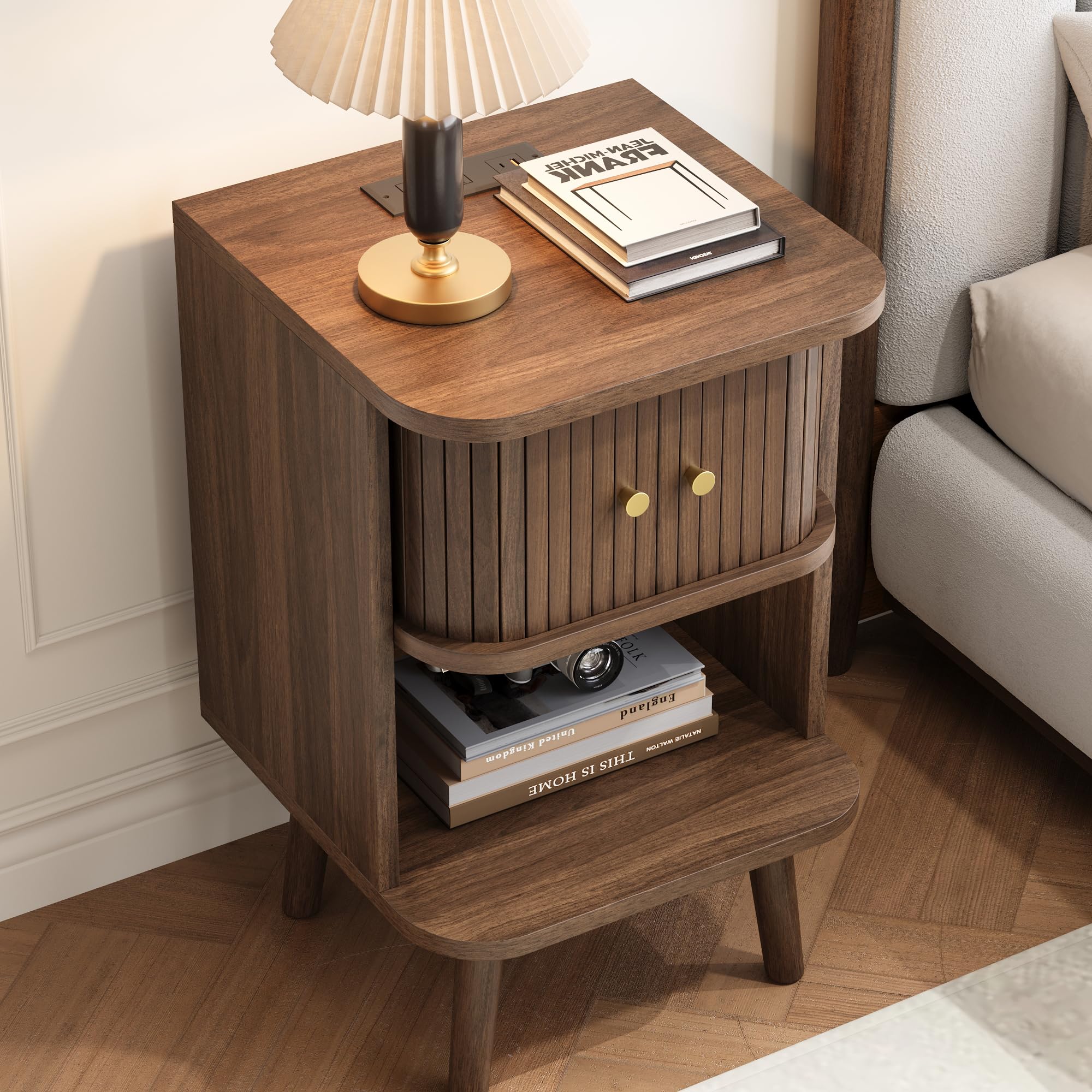Fluted Nightstand with Charging Station & Sliding Tambour Door