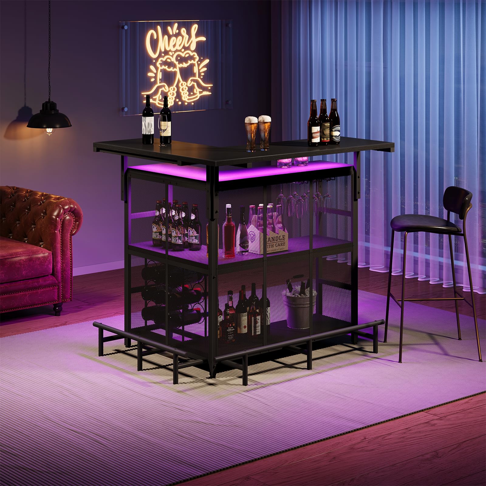 HOOBRO Home Bar Unit, L-Shaped Bar Table with Glasses Holder, and 4-Tier Shelves, Corner Mini Coffee Liquor Cabinet with Footrest,with LED Light APP Control for Home, Kitchen, Pub, Black BK129DBT01