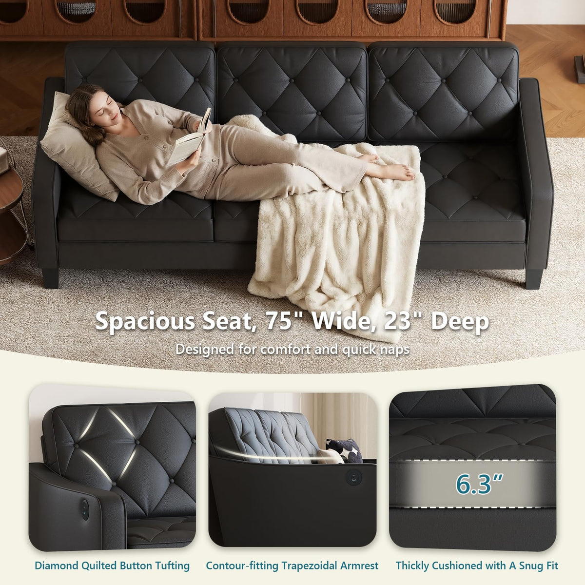 Black Tufted Faux Leather Sofa