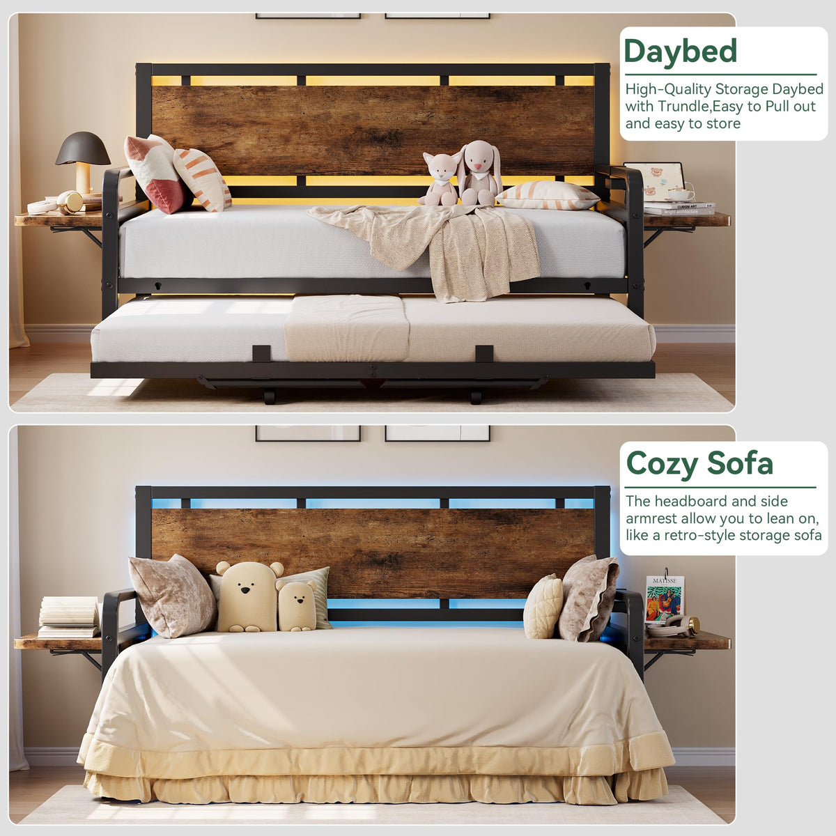 Jocoevol Daybed with Trundle and LED Light, Heavy Duty Metal Twin Bed Frame with Movable Charging Station, Day Bed Pop Up Trundle Bed Twin for Living Room, Bedroom and Guest Room, Brown