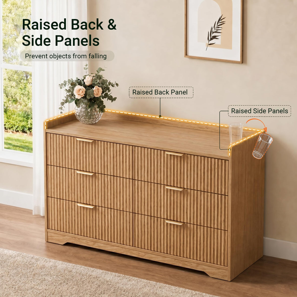 OURPIC Fluted Modern 6 Drawer Dresser for Bedroom, 47"W x 26"H, Natural Oak
