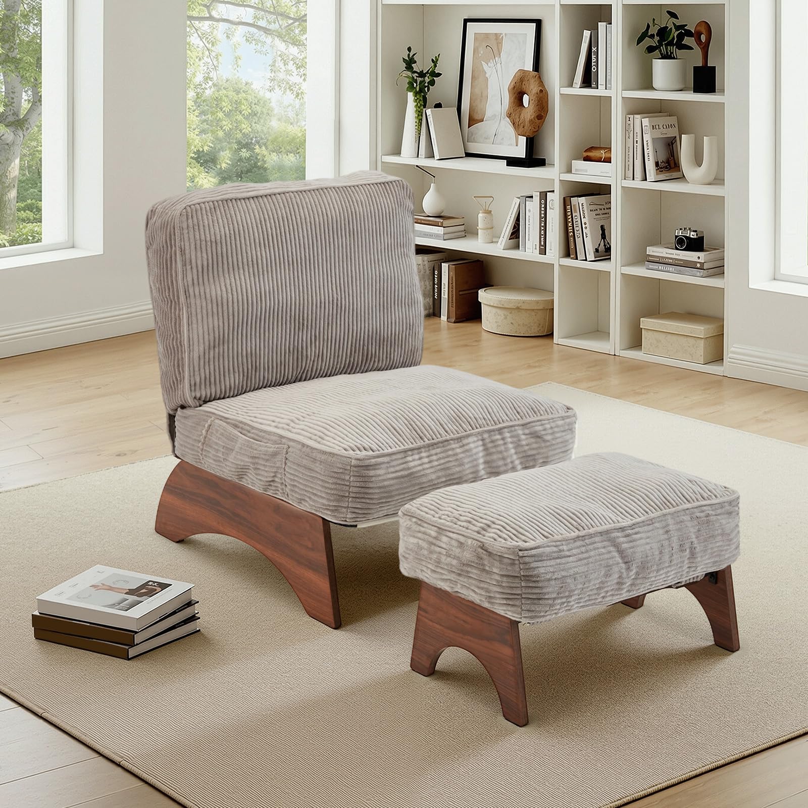 Corduroy Accent Chair with Ottoman & Adjustable Backrest