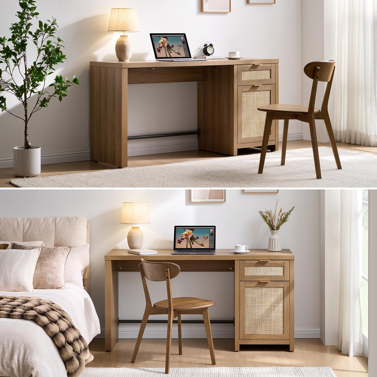 SICOTAS Rattan Computer Desk Wood Desk with Drawer, 59" Home Office Desk