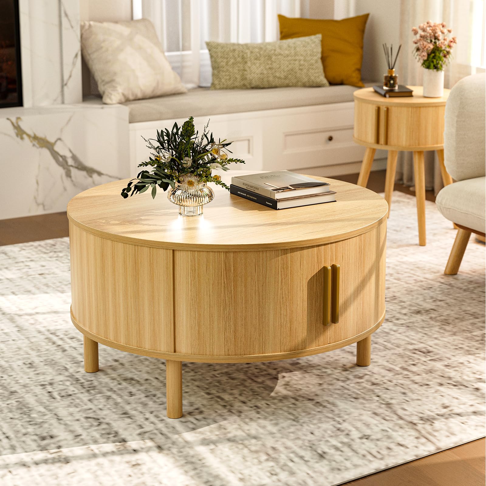 ZttRiee Coffee Table for Living Room, Modern Round Coffee Table with Cabinets & Sliding Doors, Home Small Space, 29.9" Fluted Center Table, Natual