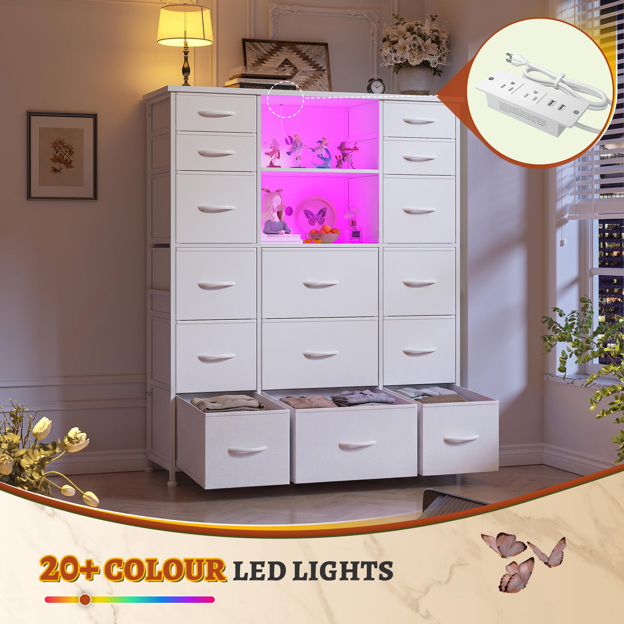 EnHomee 51" H White Dresser with 15 Drawers Dresser for Bedroom with Charging Station & LED Lights & Hutch Sturdy Bedroom Dressers, Steel Frame, Wood Top, 51.2" H x 39.3" W x 11.8" D