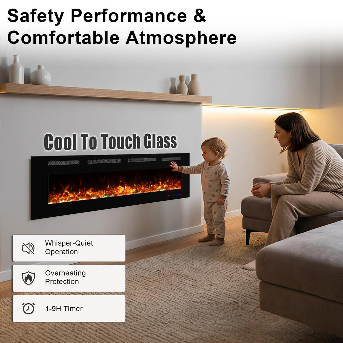Vinemount 72" Electric Fireplace Insert Ultra-Thin, Recessed & Wall Mounted, Fireplace Heater with Adjustable Flame & Fuel Bed Color, 5 Flame Speeds & Brightness, 750/1500W, Timer
