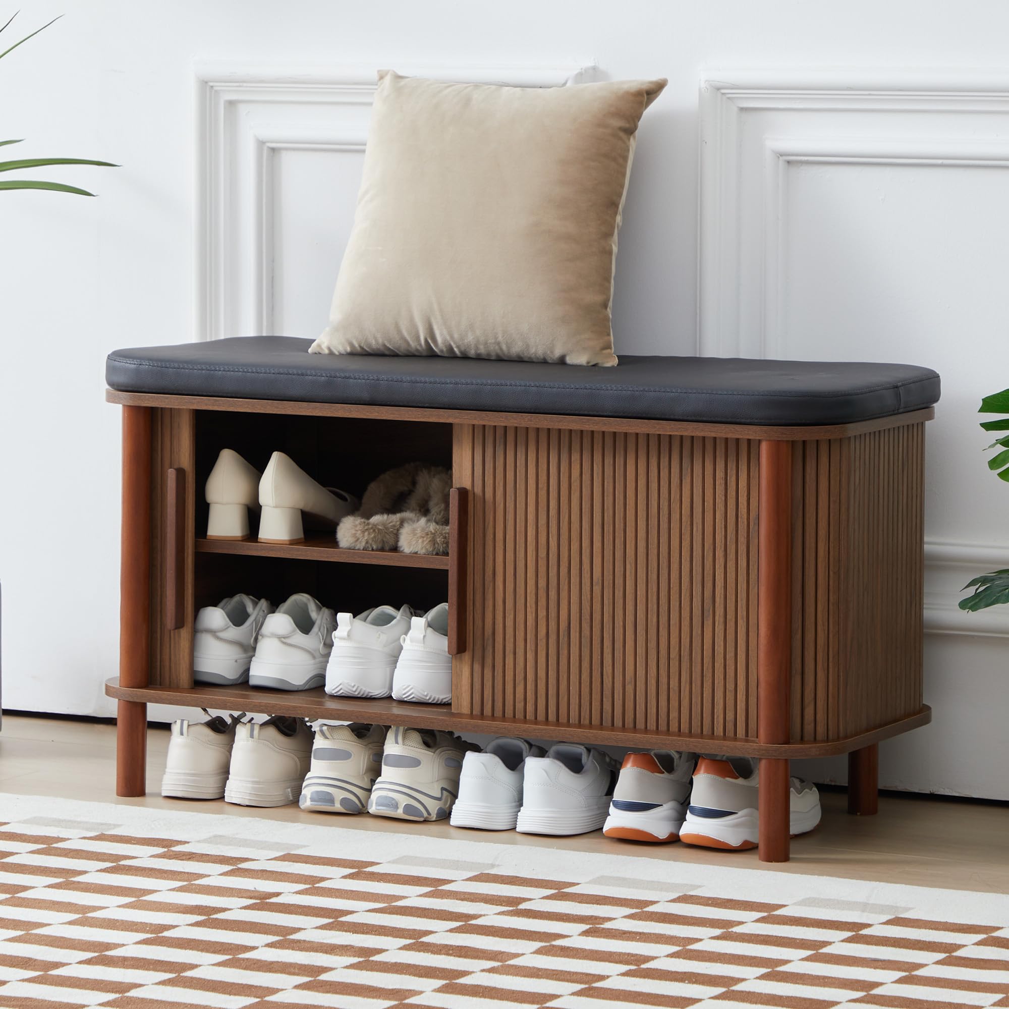 Shoe Bench with Sliding Door & Leather Cushion