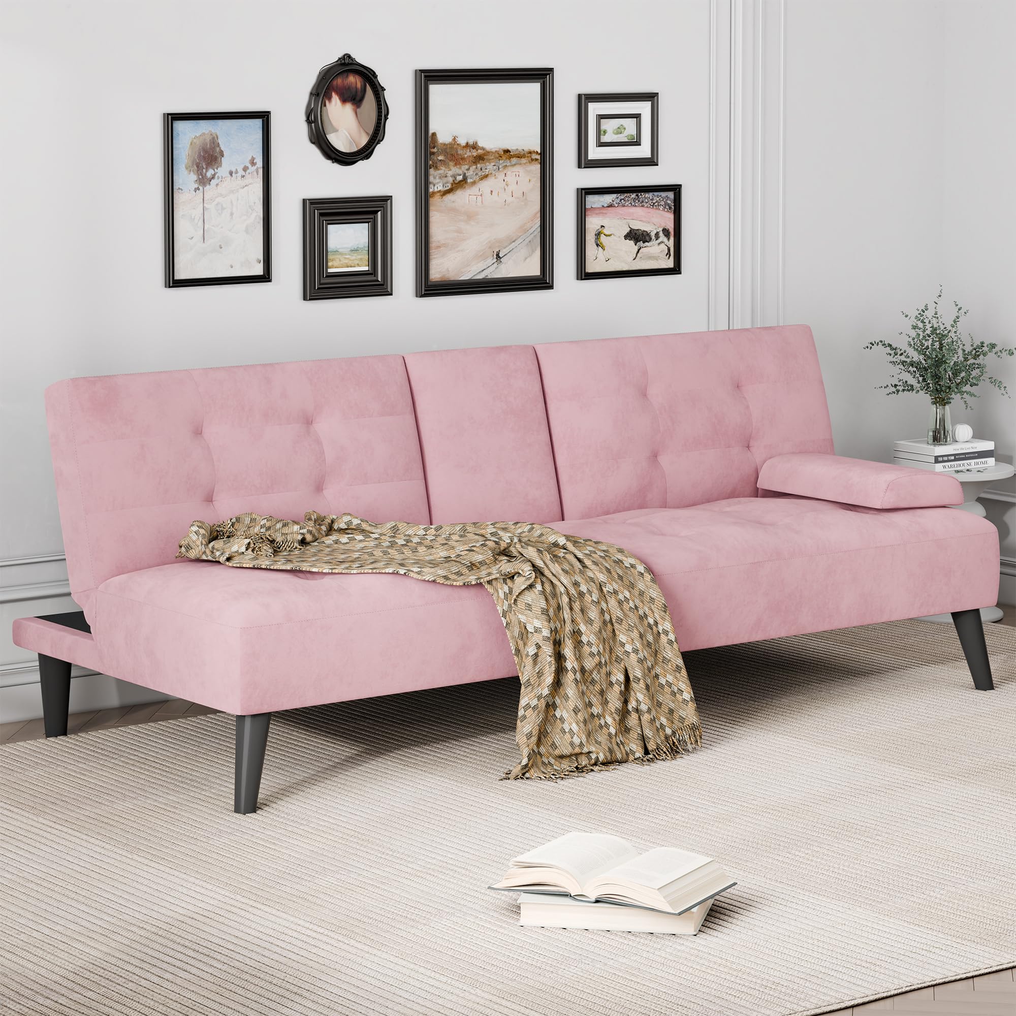 Convertible Futon Loveseat Sofa Bed with Adjustable Backrest & Cup Holders