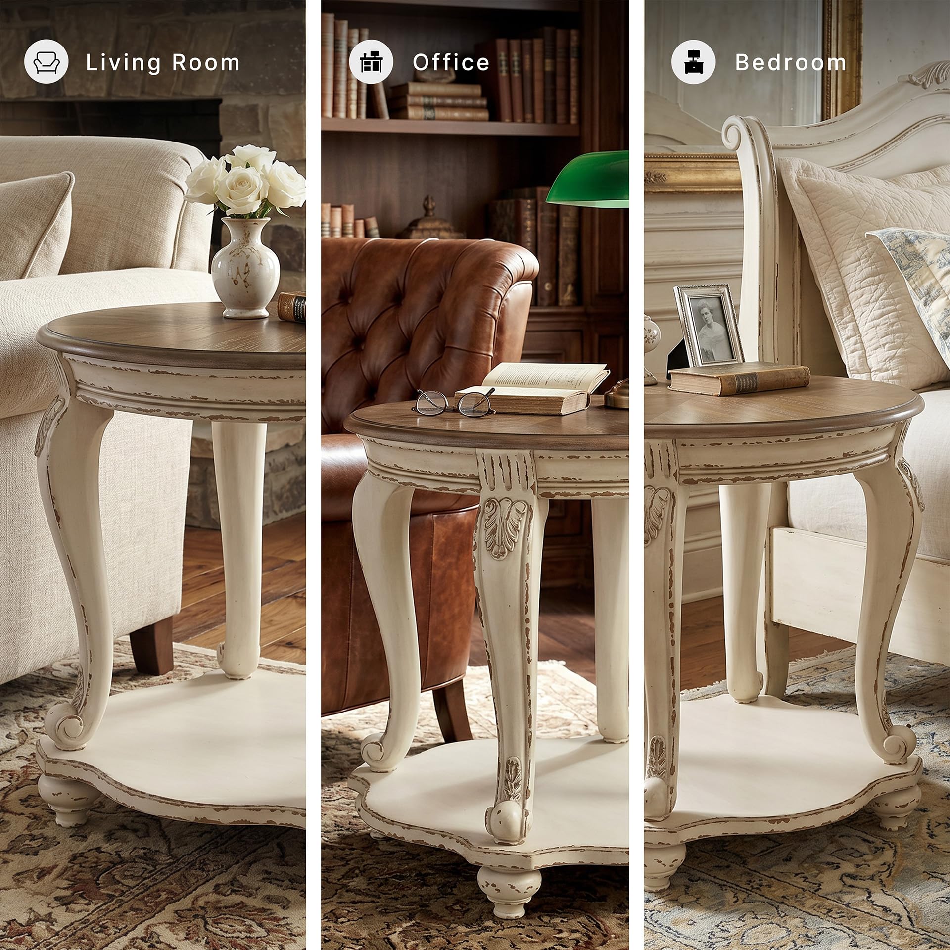 Signature Design by Ashley Realyn Round End Table, Cottage-Style Side Table with Antiqued Two-Tone Finish, Wood & Veneer Construction for Living Room or Bedroom, White/Brown
