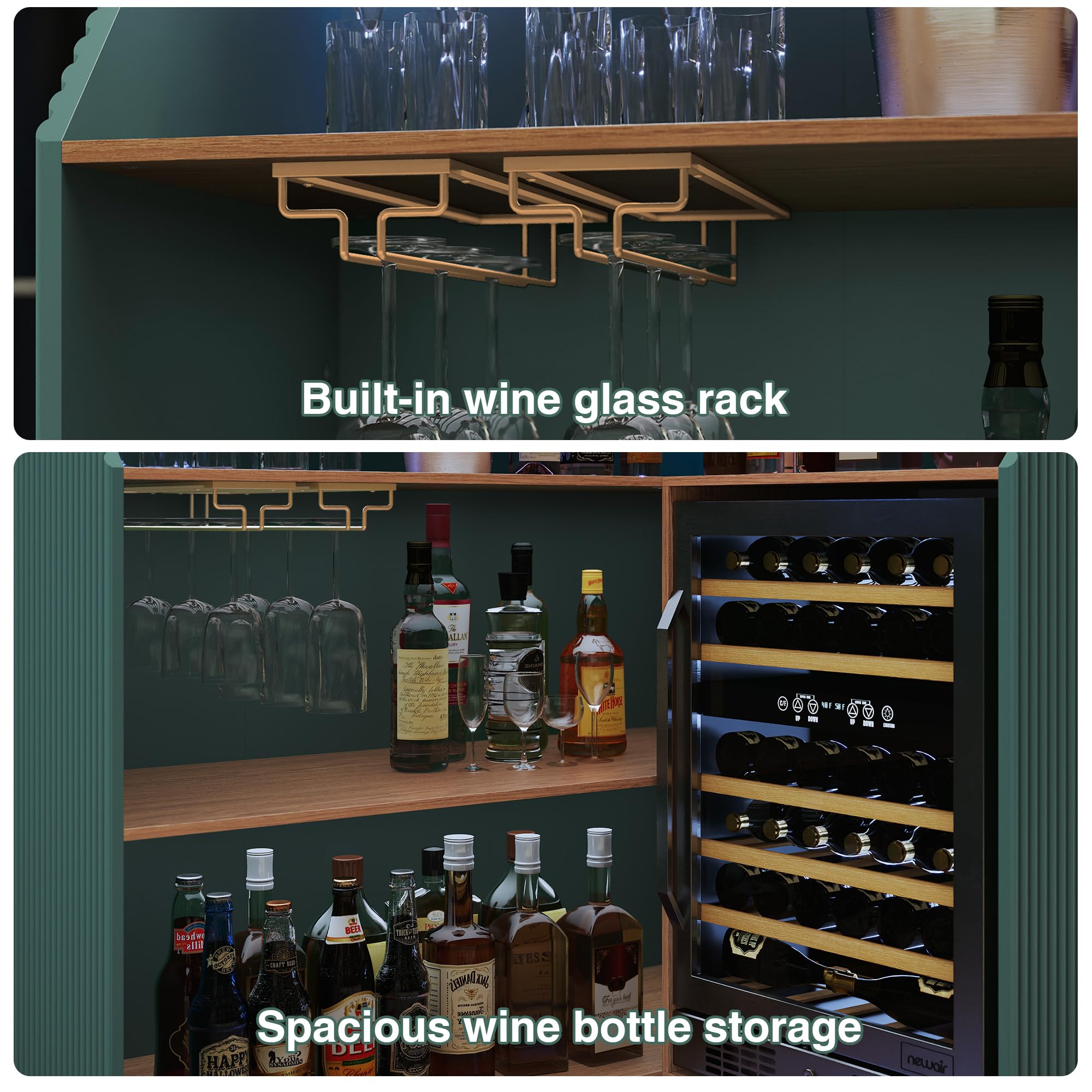 ARTPOWER L Shaped Home Bar Cabinet with Fridge Space, Oversized Modern Basement Coffee Bar Table with LED Strip, Fluted 4-Tier Corner Wine Cabinet with Stemware Racks for Dining Living Room, Green