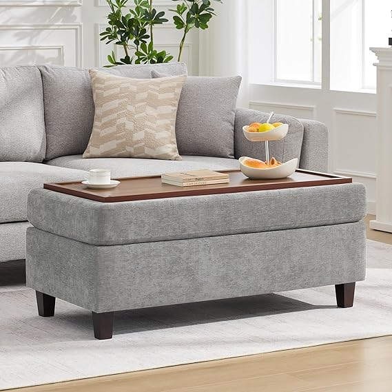 45-Inch Storage Ottoman Bench with Flip-Top Wooden Tray