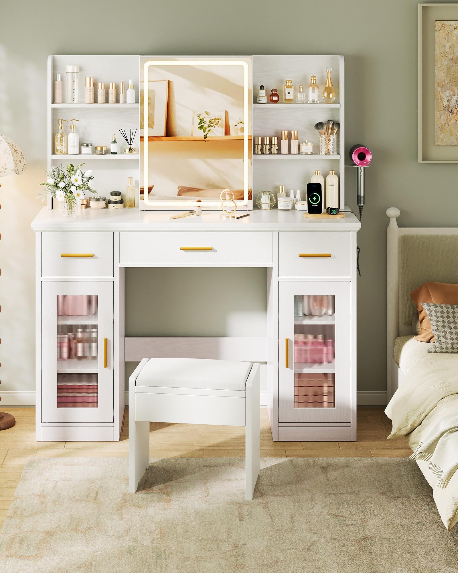 Memobarco Vanity Desk with Mirror and Lights, 43.5" Makeup Vanity with 3 Adjustable Lighting Modes, Large Vanity Desk with Sliding Mirror with 4 Drawers & 2 Cabinets, Power Outlets, White