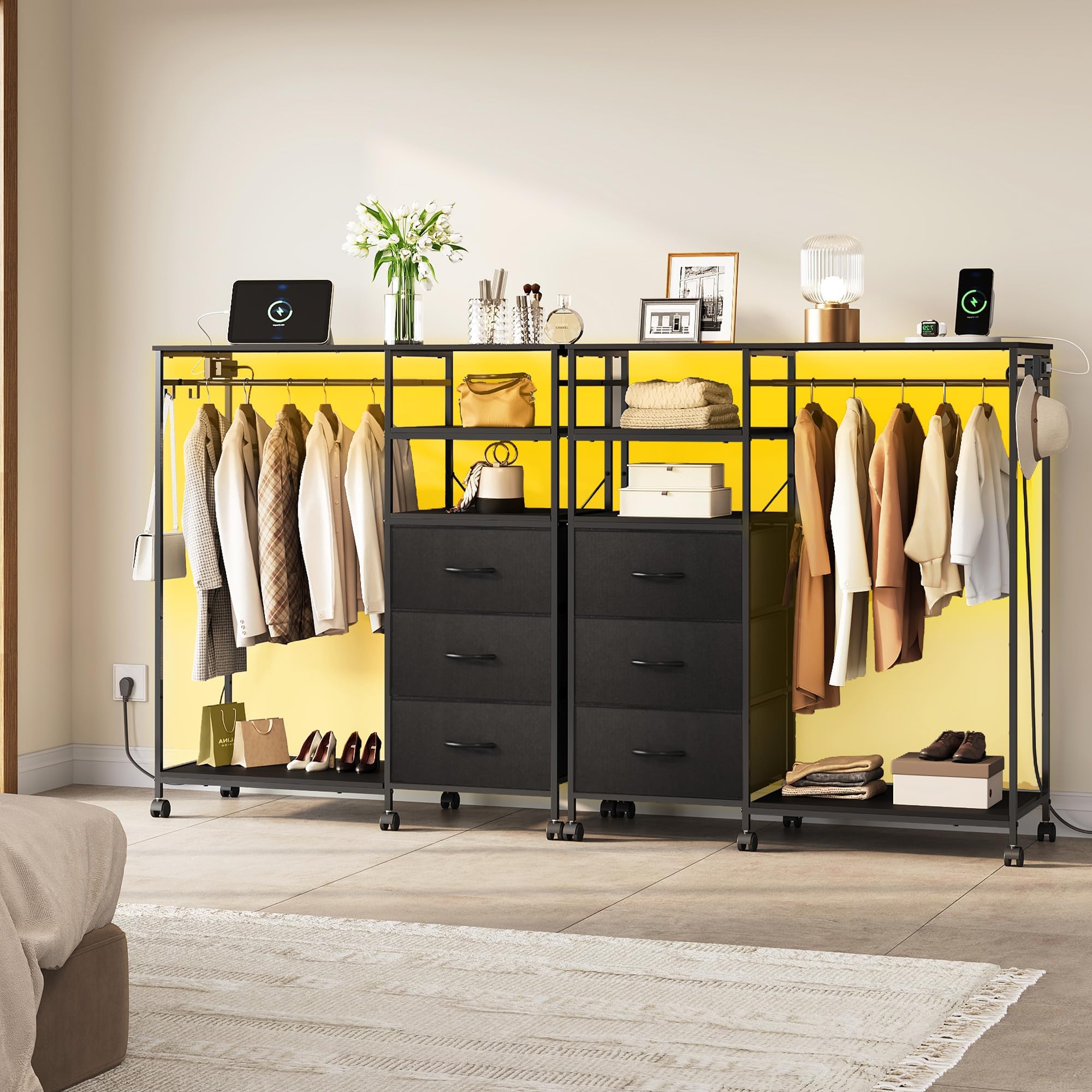 WLIVE Black Dresser with Hanging Rack for Bedroom, 3 Drawer Dresser with LED Lights & Charging Station, Fabric Dressers & Chest of Drawers, Storage Organizer with Open Shelves for Living Room