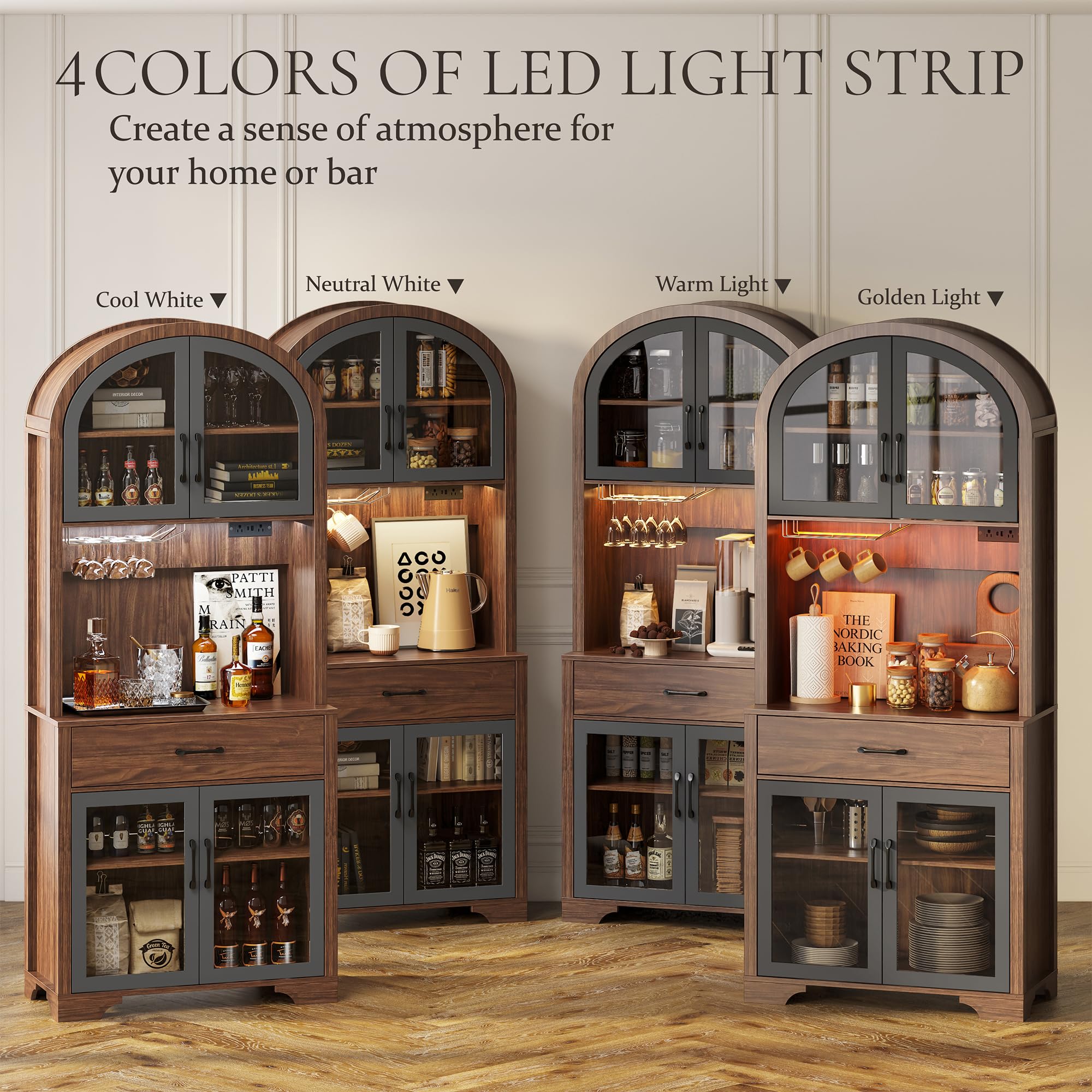 beronbaer 75" Tall Arched Pantry Cabinet with Charging Station & LED Light, Kitchen Pantry Cabinet with Microwave Stand, Drawers and Adjustable Shelf, Coffee Bar Liquor Cabinet for Dining Room