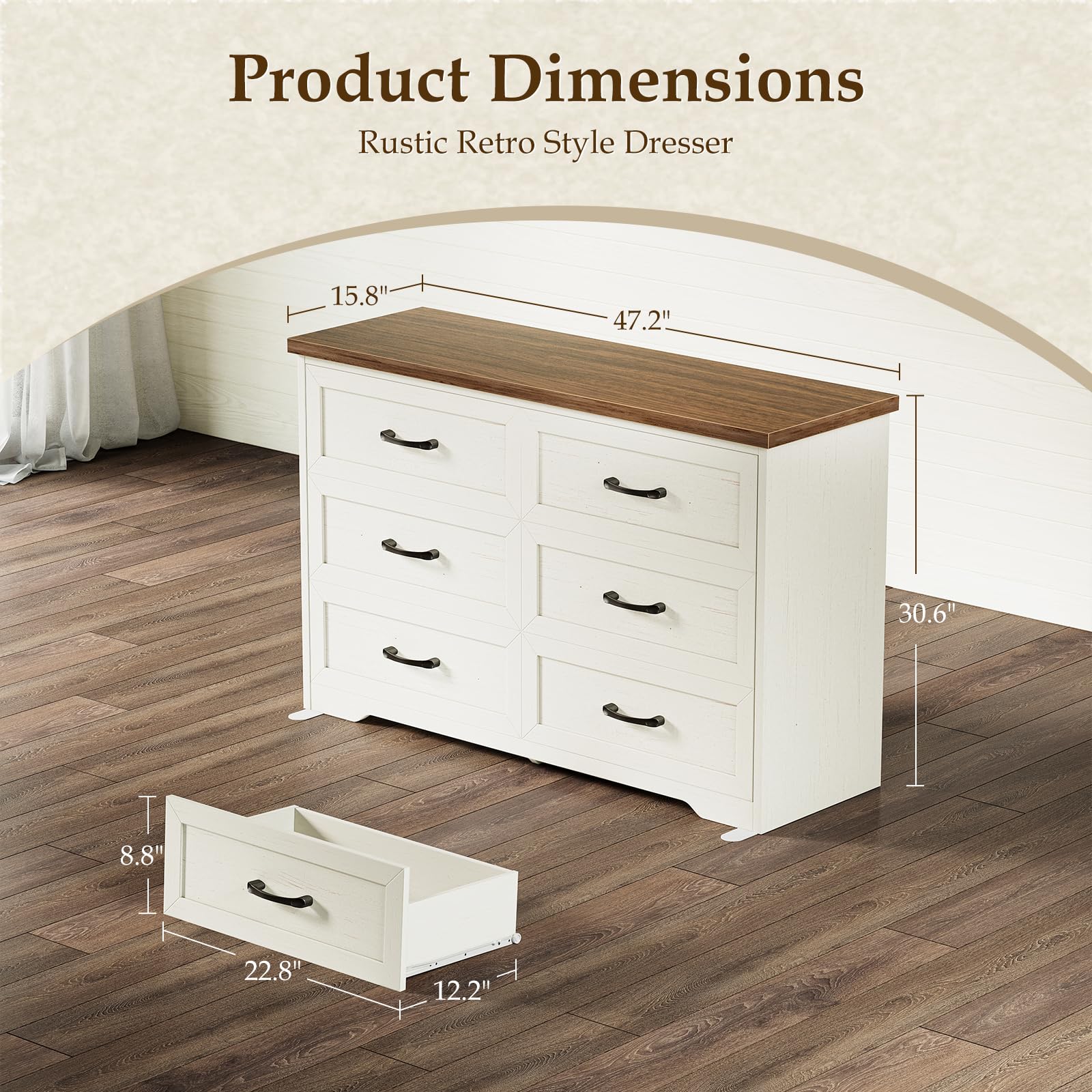 AODK 3-Piece Bedroom Set – 47" Wide 6-Drawer Dresser + 2 Farmhouse Nightstands with 2 Drawers & Charging Station & RGB LED Lights – Engineered Wood, Anti-Tip Design, Rustic White & Dark Walnut