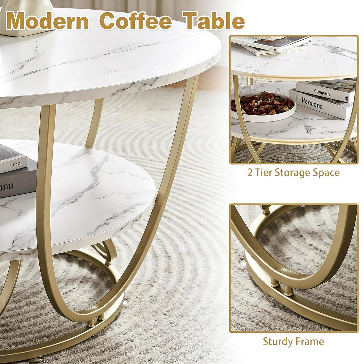 Round Marble-Look Storage Coffee Table