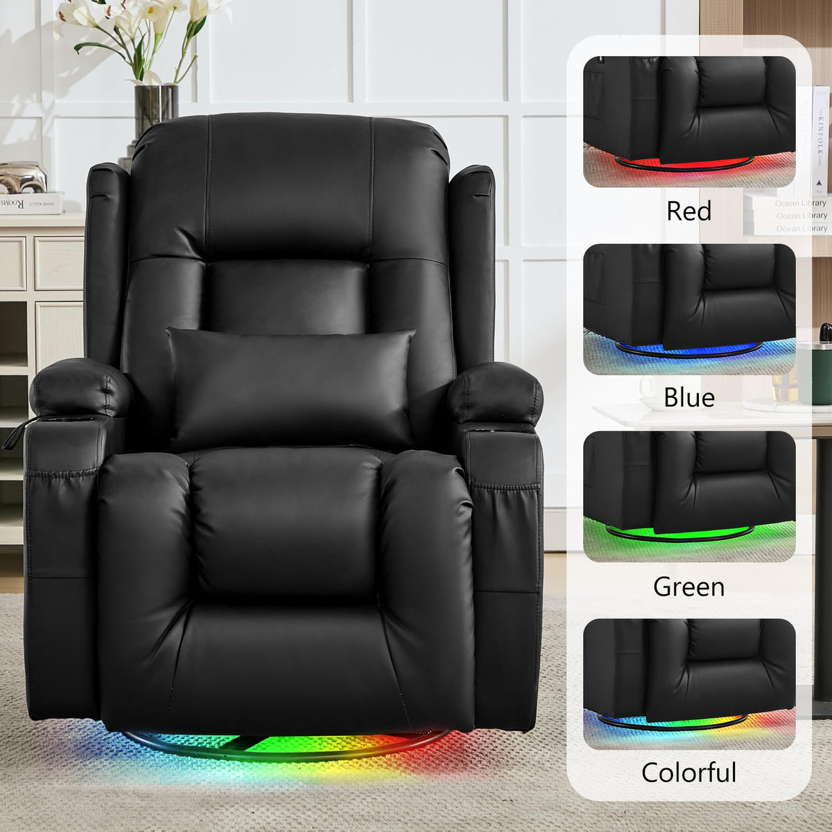 URRED Swivel Rocker Recliner Chair with LED Ambient Lights for Adults，Black