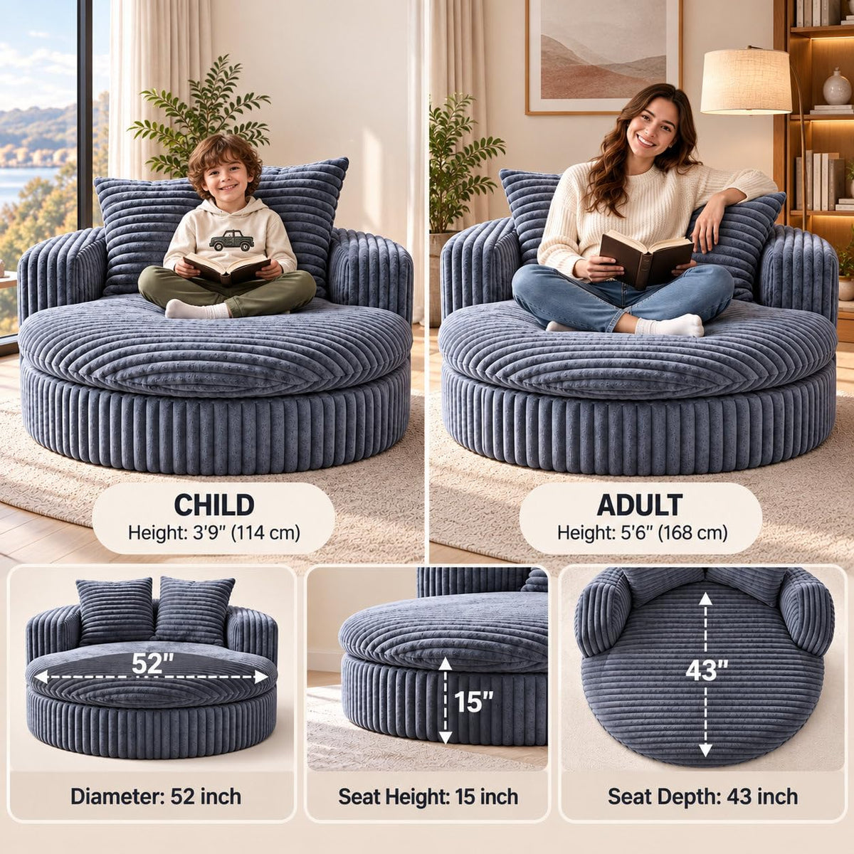 YDN 52" Oversized Round Boneless Chair, Corduroy Reading Lounge Chair, Gray