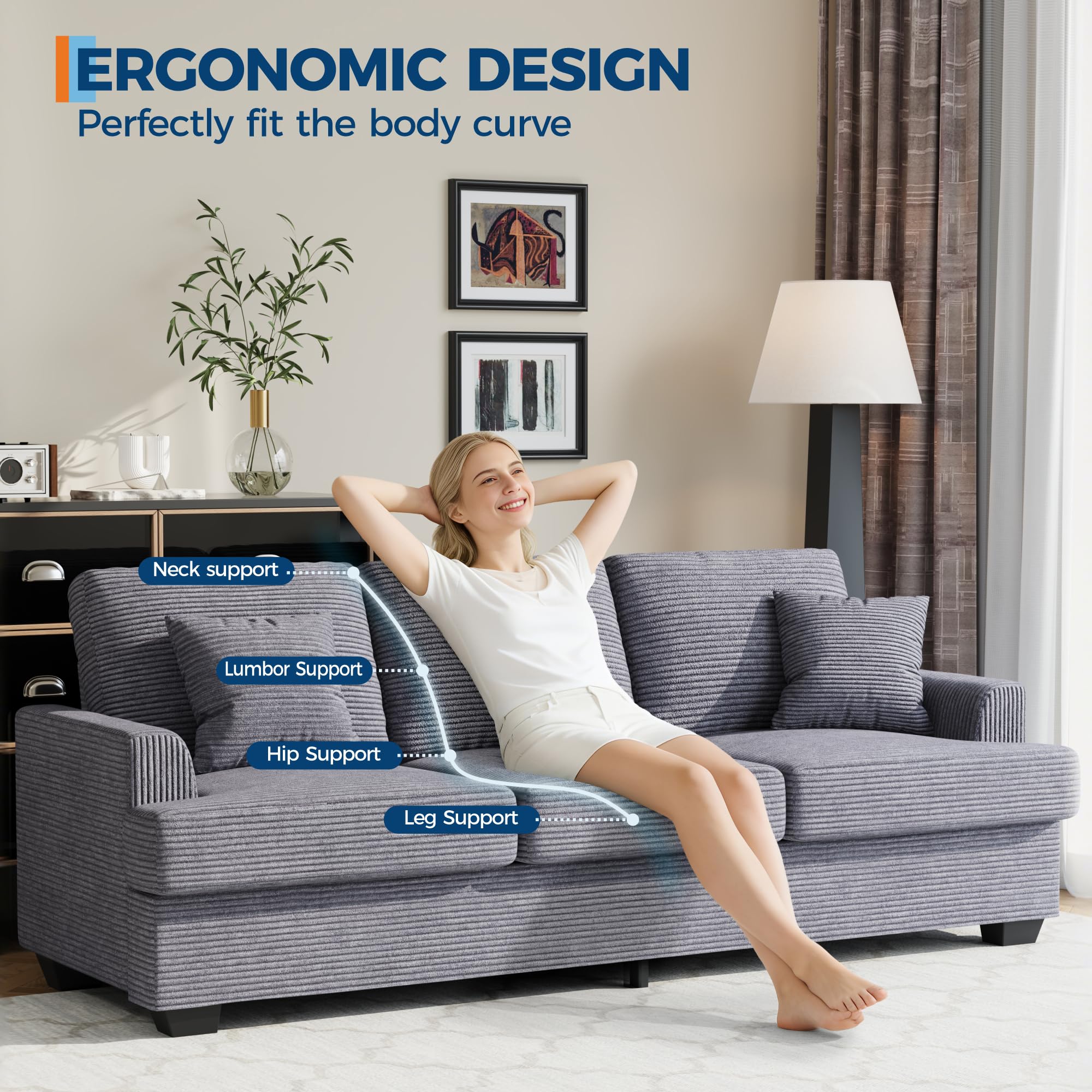 IDEALHOUSE 86" Corduroy Comfy Sofa, 3-Seater Sofa Couch with 2 Throw Pillows, Cloud Couch with deep Seats and 2 Removable Back Cushions, Modern Sofa for Living Room, Bedroom, Apartment, Office, Grey