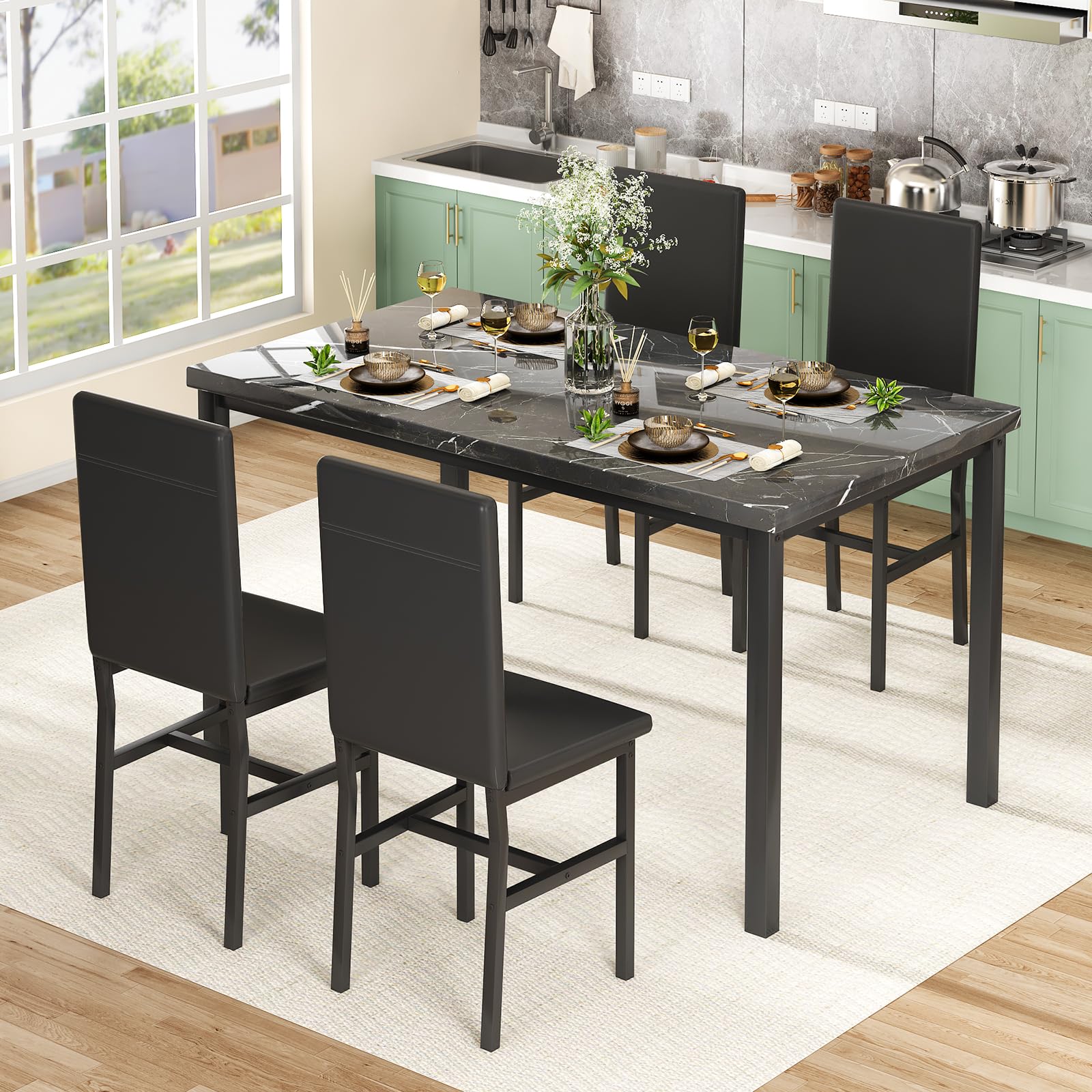5-Piece Faux Marble Dining Table Set with PU Leather Chairs