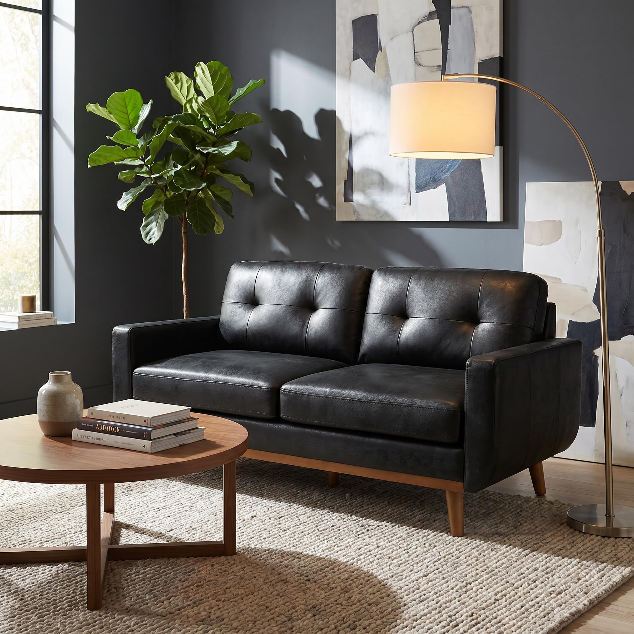 TYBOATLE 65" Loveseat Sofa, Mid Century Modern 2 Seater Couch Love Seat with Tufted Back, Square Arms & Wood Legs, Small Loveseat for Living Room, Bedroom, Apartment, Office (Black)