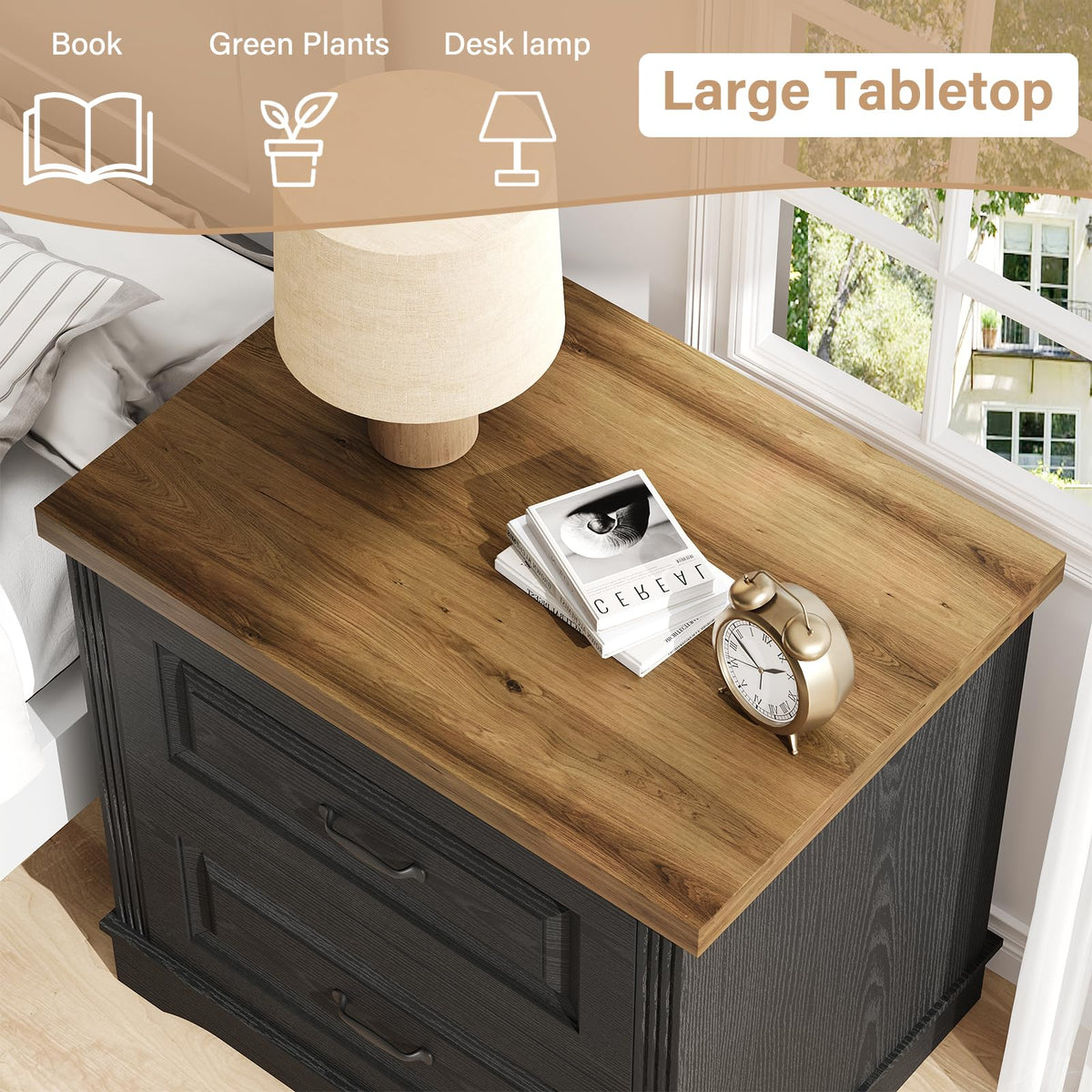 24" Wide Farmhouse Nightstand, Large End Table with 2 Drawers, Black