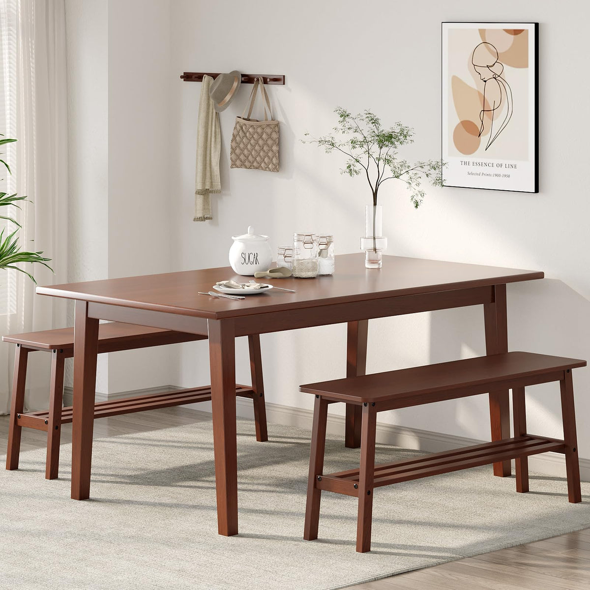 VINGLI Wood Dining Bench with Lower Shelf, Farmhouse Entryway Bench, Walnut