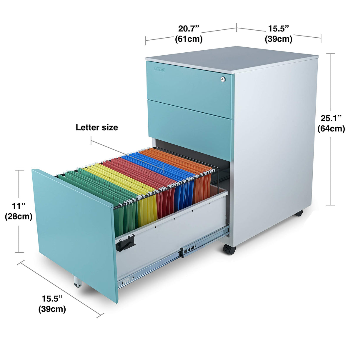 Aurora Mobile File Cabinet 3-Drawer Metal with Lock Key Sliding Drawer, White/Aqua Blue, Fully Assembled, Ready to Use