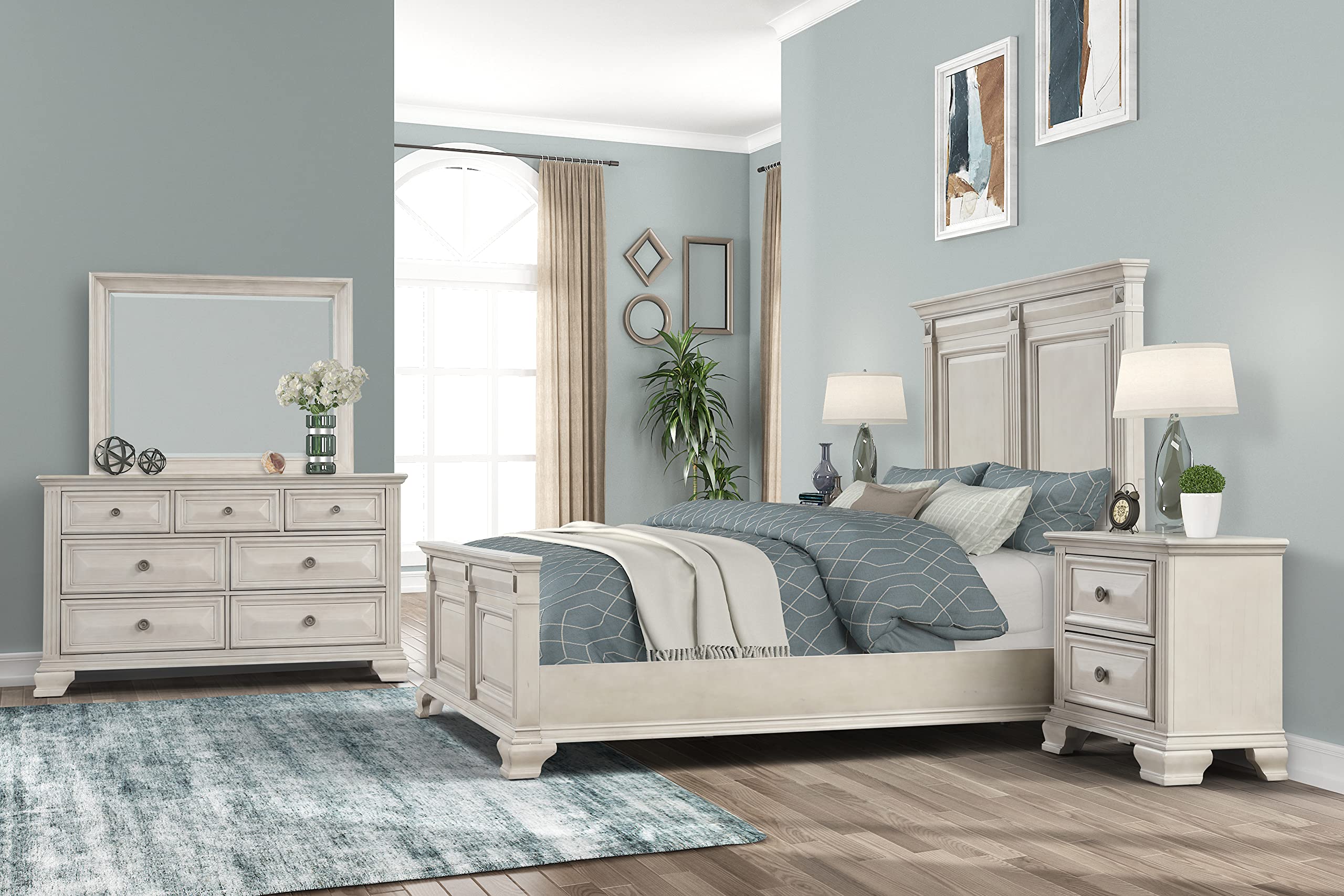 Roundhill Furniture Renova Distressed Parchment Wood Bedroom Set, Queen Panel Bed, Dresser, Mirror, Nightstand, Chest