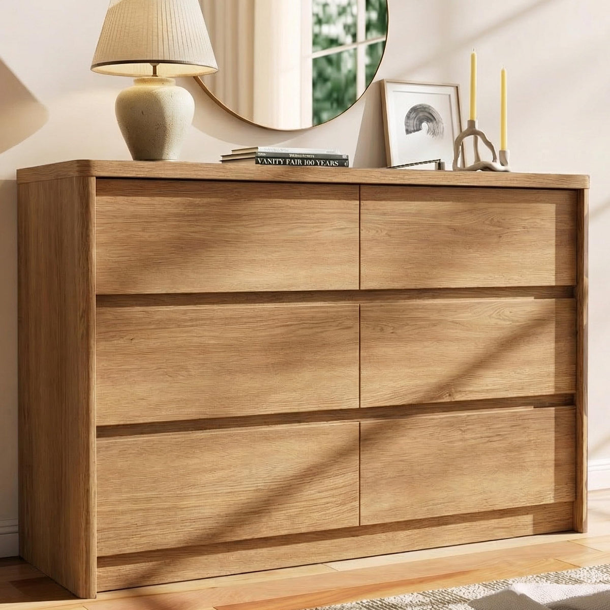 Now Mais Oak Dresser for Bedroom, 47.2" Wide Mid Century Modern Chest of Drawers with 6 Large Storage Space and Curved Edge Design, 6 Drawer Large Dresser for Bedroom