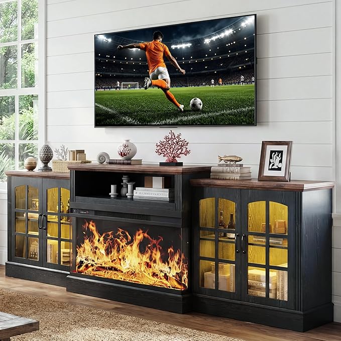 97" Farmhouse Fireplace TV Stand with 36" 3-Sided Electric Fireplace