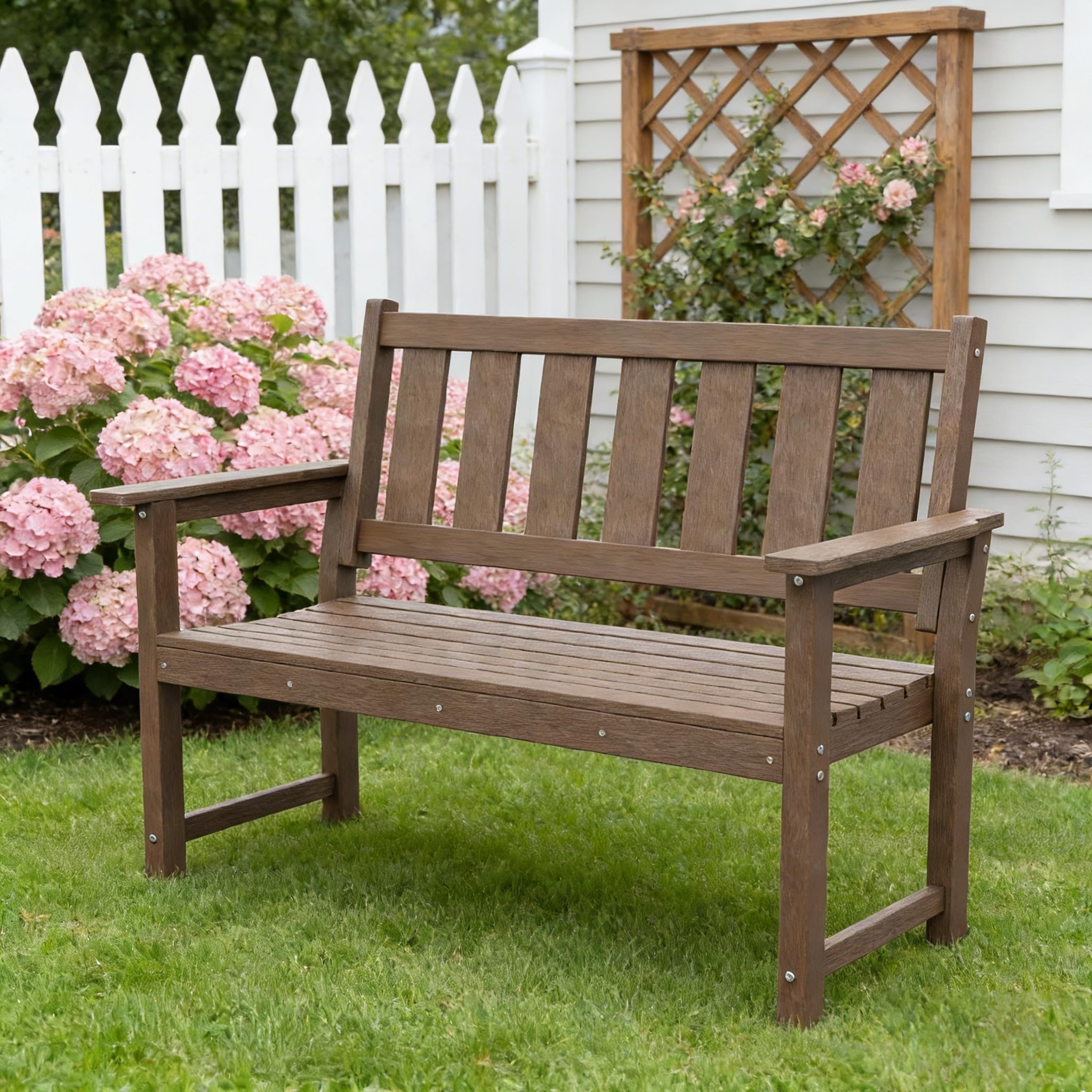 ACUEL 50" HDPE Outdoor Bench, 2-Person Poly Lumber Weatherproof Patio Garden Bench Seating with 800 lbs Weight Capacit, Bench for Porch, Backyard, Lawn, Park, Balcony and Church Furniture (Brown)