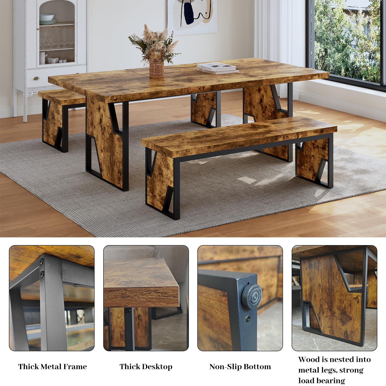 70.8-Inch Dining Table Set with 2 Benches | MDF & Metal | Seats 6-8