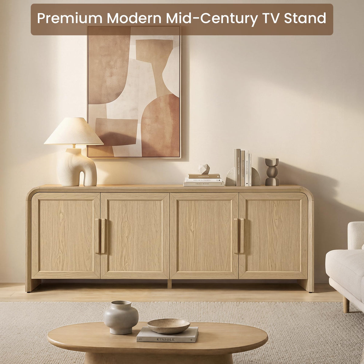 Orvesino 65" Mid Century Modern TV Stand with Storage for 75" TV, Curved Edges Thicker Wood TV Consoles with 4 Doors,Cable Management, Entertainment Center for Living Room/Bedroom,Light Oak